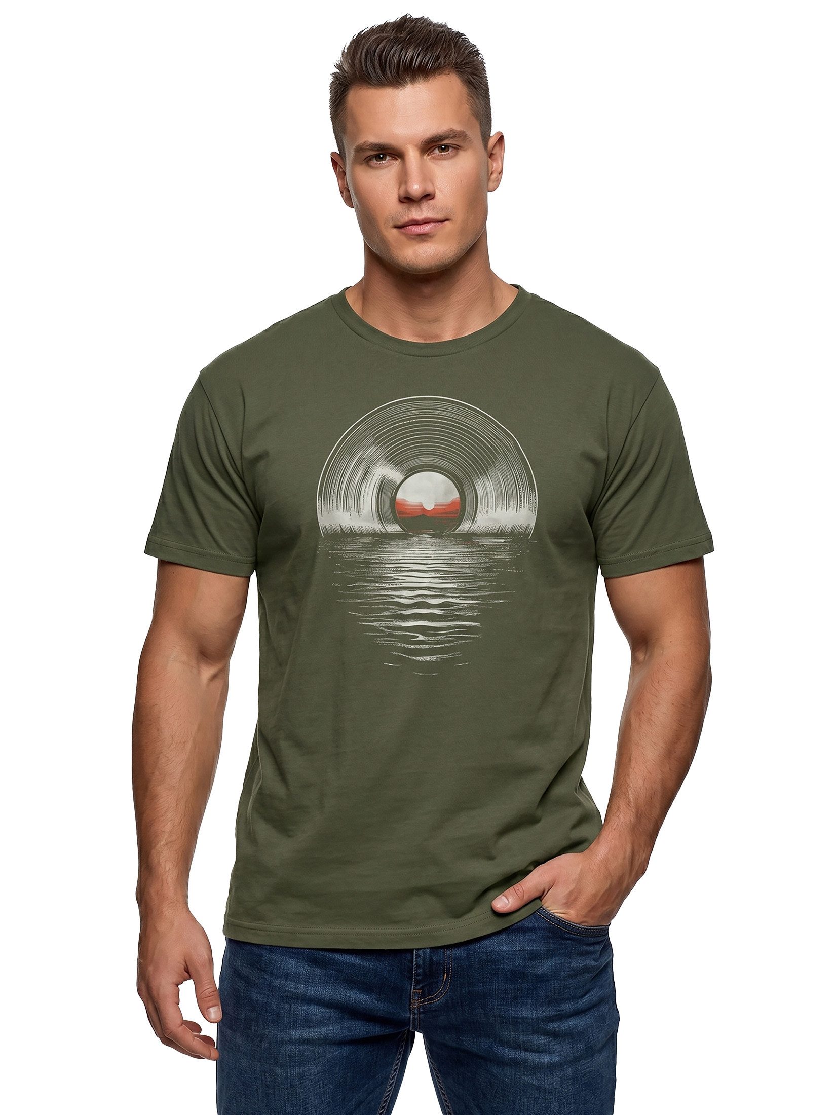MAKAYA T-Shirt Vintage Herrenshirt für Musikliebhaber – mit Schallplatte Print (Schwarz, Blau, Grün, Blaugrau, Grau, S, M, L, XL, XXL, 3XL, 4XL, 5XL) Baumwolle