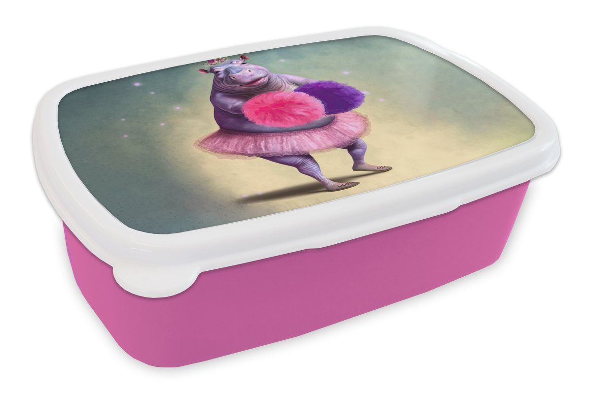 MuchoWow Lunchbox Nilpferd - Blumen - Ballerina - Pompons - Porträt - Kinder, Kunststoff, (2-tlg), Brotbox für Erwachsene, Brotdose Kinder, Snackbox, Mädchen, Kunststoff rosa