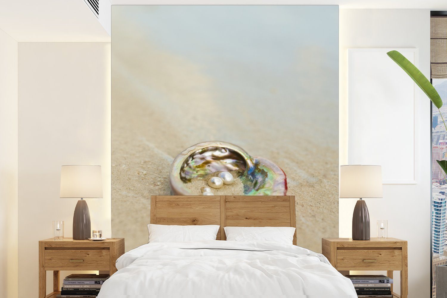 MuchoWow Fototapete Perlen in Austernschalen am Strand, Matt, bedruckt, (4 St), Montagefertig Vinyl Tapete für Wohnzimmer, Wandtapete