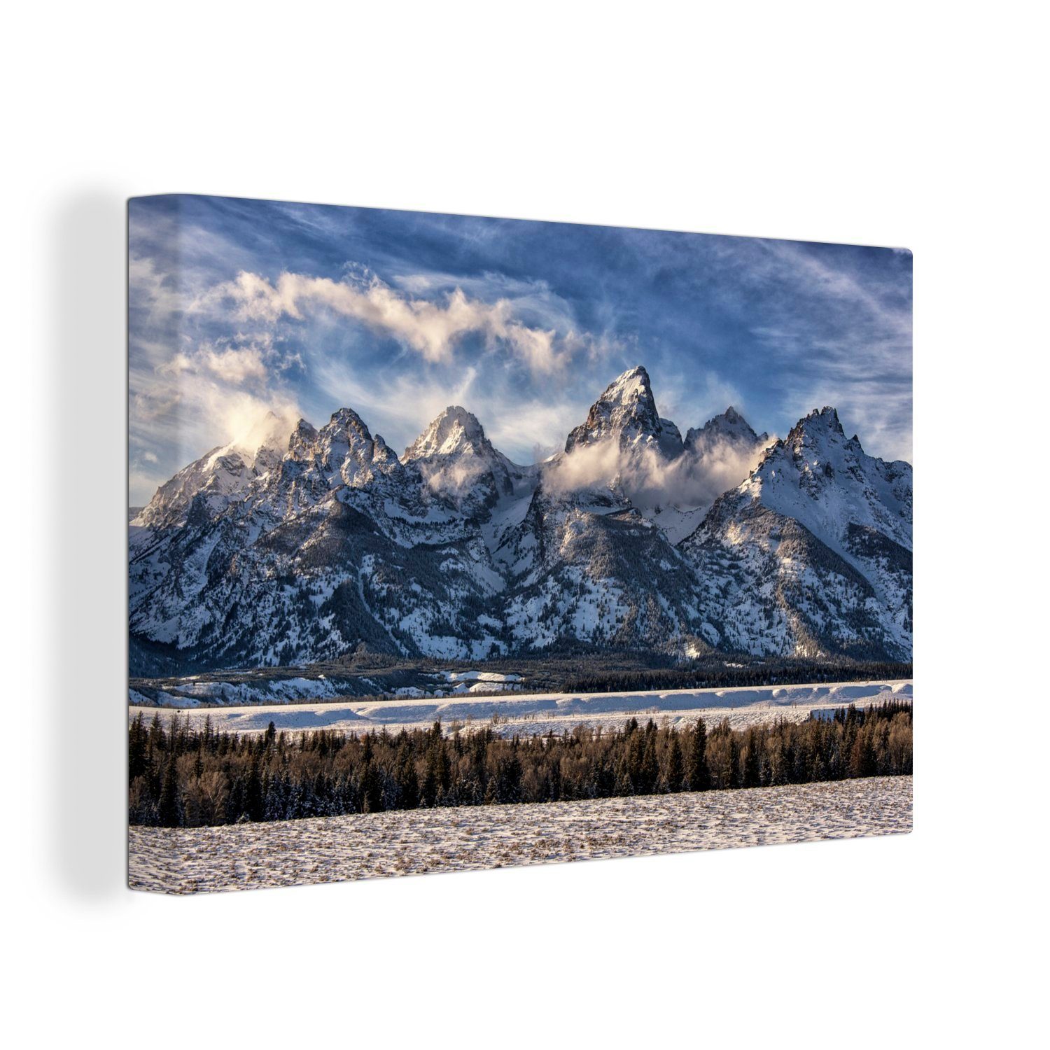 OneMillionCanvasses® Leinwandbild Die schneebedeckte Bergkette der Teron Mountains in den Vereinigten, (1 St), Wandbild Leinwandbilder, Aufhängefertig, Wanddeko, 30x20 cm
