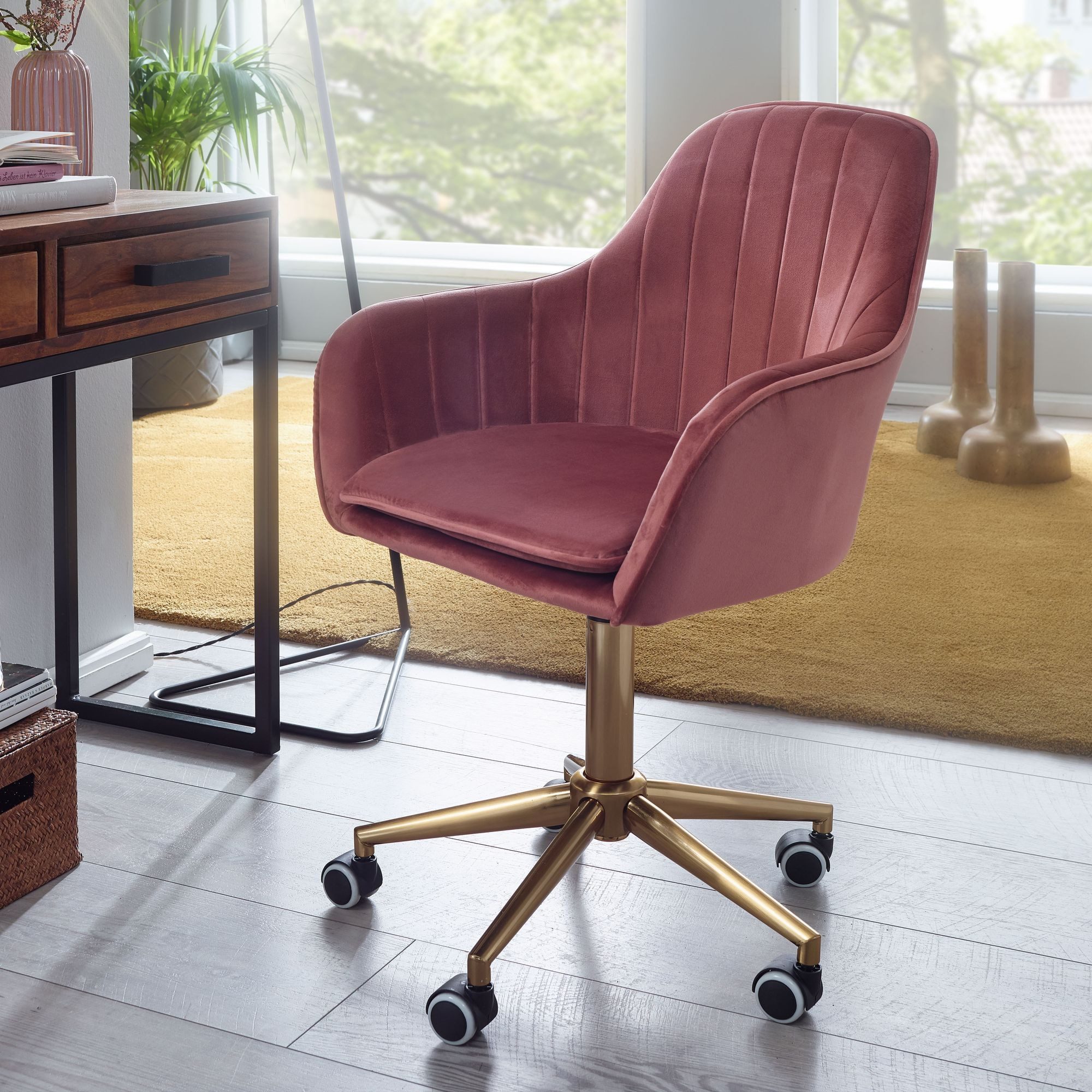 FINEBUY Schalenstuhl Schreibtischstuhl Samt Drehstuhl mit Lehne 120 kg Stuhl (Design Schalenstuhl Drehbar mit Lehne, Samt Rosa), Drehbar, Schreibtischstuhl 120 kg Höhenverstellbar