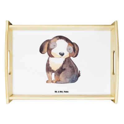 Mr. & Mrs. Panda Tablett Hund Entspannen - Weiß - Geschenk, Holztablett, Tablett, schwarzer Hu, Echtholz lasiert, (1-tlg), Kratzfeste Oberfläche