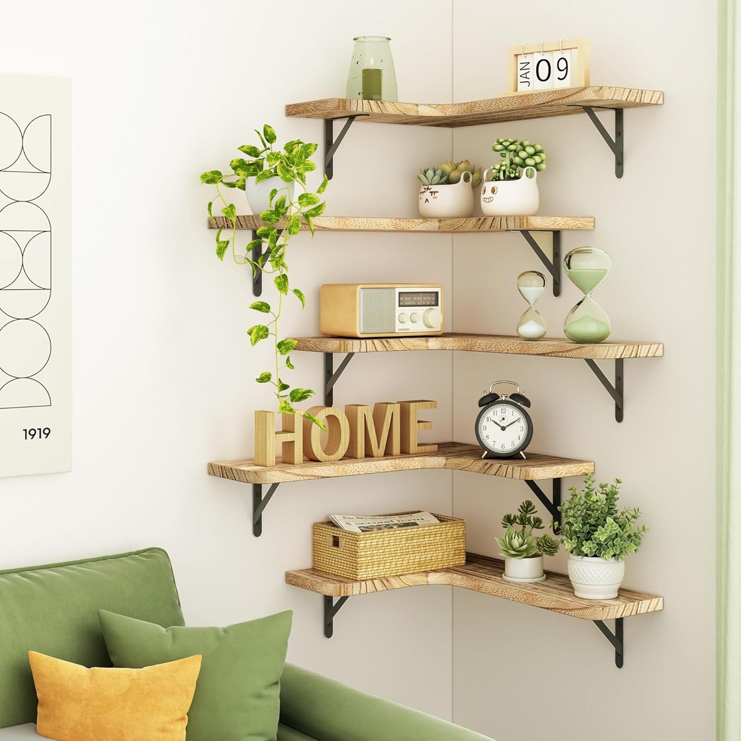 BlingBin Wandboard Schwebendes Eckregal, 5er Set Wandregal, Regalbrett aus Holz, 5er Set 5-tlg., Schweberegale für Badezimmer, Wohnzimmer, Küche, Hellbraun