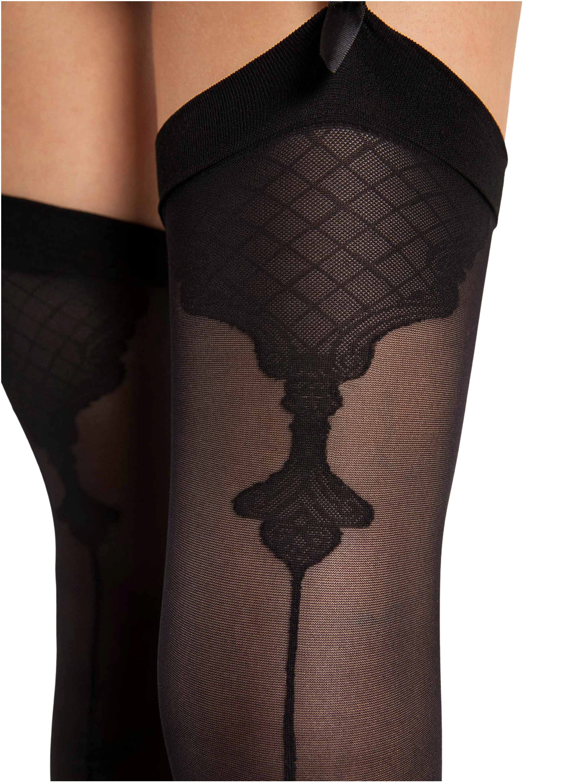 Fiore Strapsstrümpfe Storia (Packung, 1 Paar) Strapsstrümpfe mit schwarzem Muster Abschluss am Strumpfband und Ferse