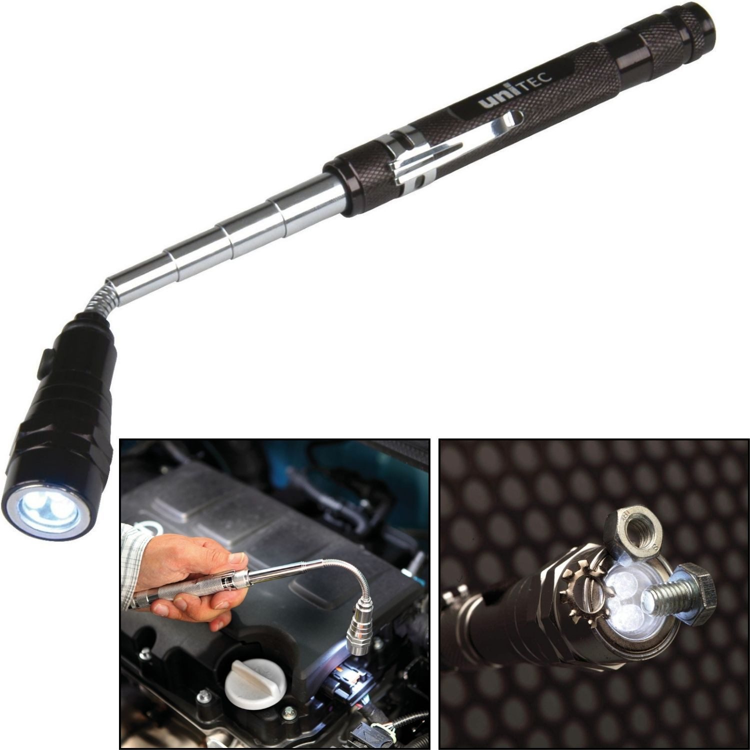 UNITEC LED Taschenlampe LED Teleskop Taschenlampe Flex Arbeitsleuchte (Packung), Schwanenhals mit Magnet Teleskopfunktion Leuchtenkopf 360° Drehbar