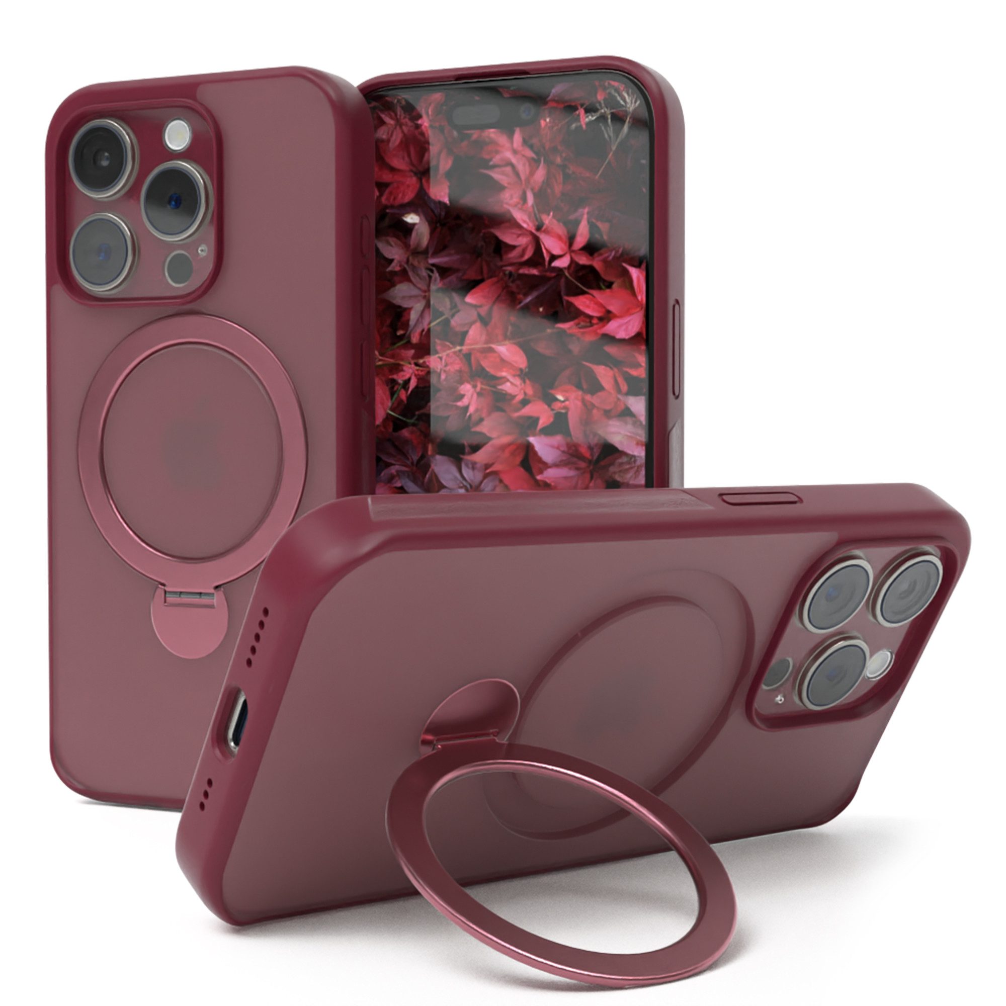 EAZY CASE Handyhülle Outdoor iPhone 15 Pro Case MagSafe Rotation Ring 6,1 Zoll, Backcover Tasche Case Schutzhülle Kameraschutz Bumper Dunkelrot