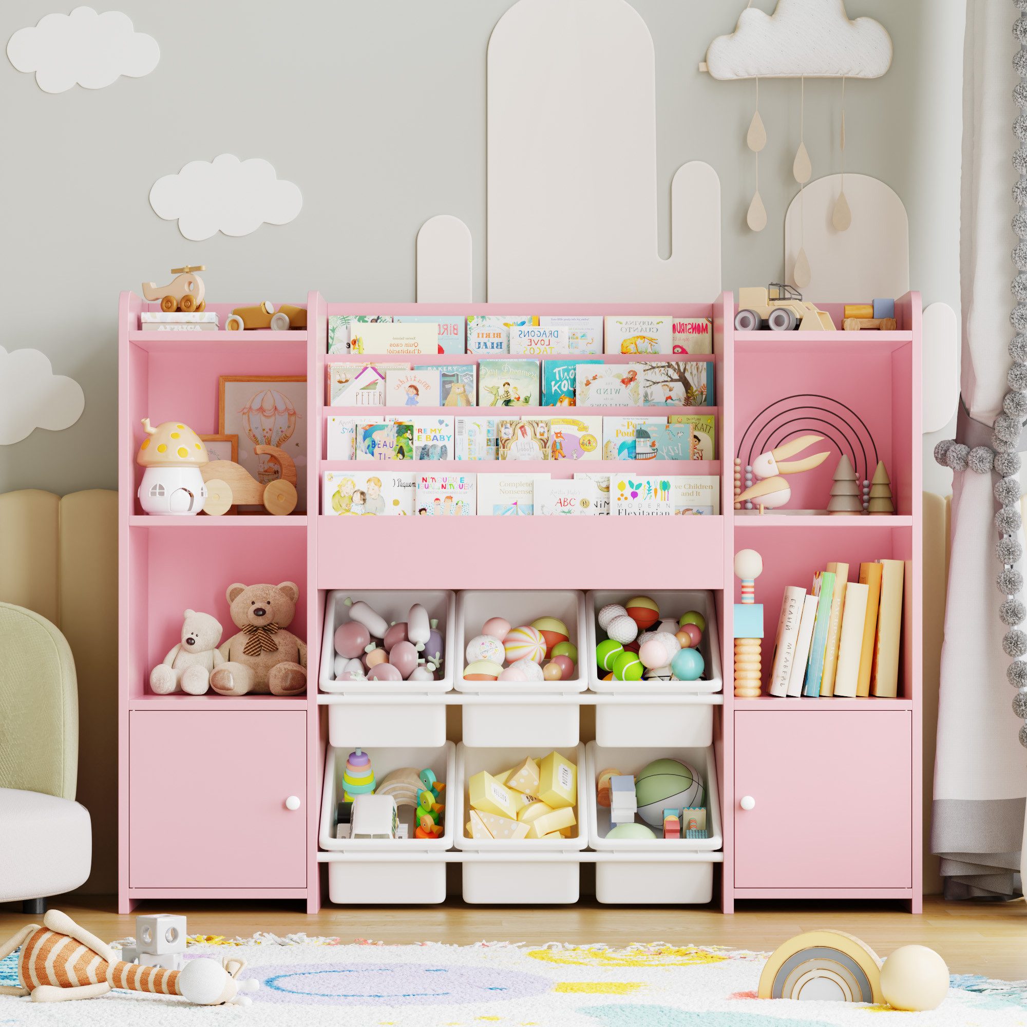 Homfa Kinderregal, Kinderbücherregal Spiegelregal mit 6 Boxen rosa 119x29x9 günstig online kaufen