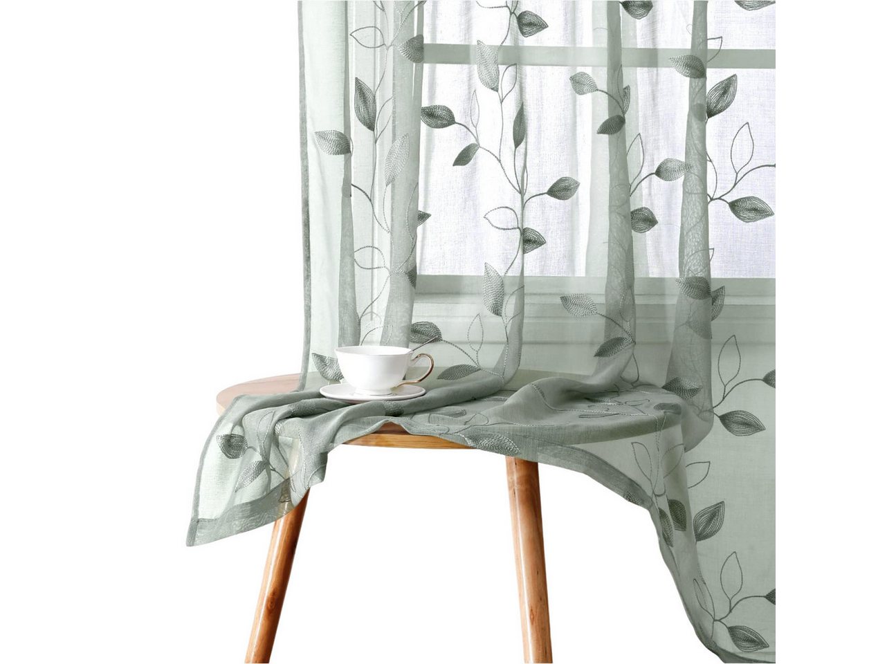 Agger Vorhang Leinen Voile Vorhänge, halbtransparente Blumenvorhänge, Blätter-Stickerei Vorhänge, geeignet für Schlafzimmer und Wohnzimmer