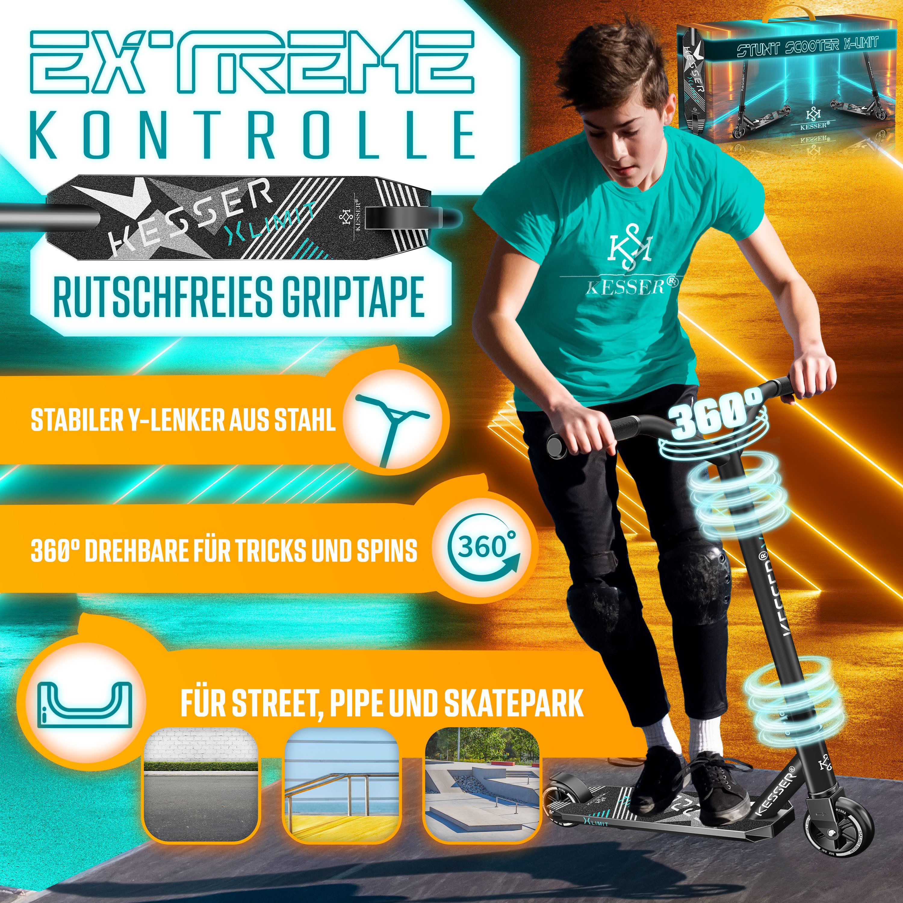KESSER Stuntscooter X-Limit 360° Lenkung, ABEC9 Kugellagern, 100 mm PU Räder, Freestyle Kickscooter Funscooter für Kinder & Erwachsene