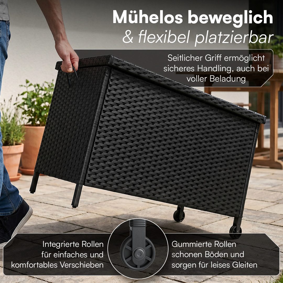STEELSØN Aufbewahrungsbox Serion Gartenkiste aus Polyrattan (schwarz, 110 x 55 x 60 cm, mit Rollen), herausnehmbare Innenplane, wetterfeste Gartenbox mit Metall – Bild 4 von 5