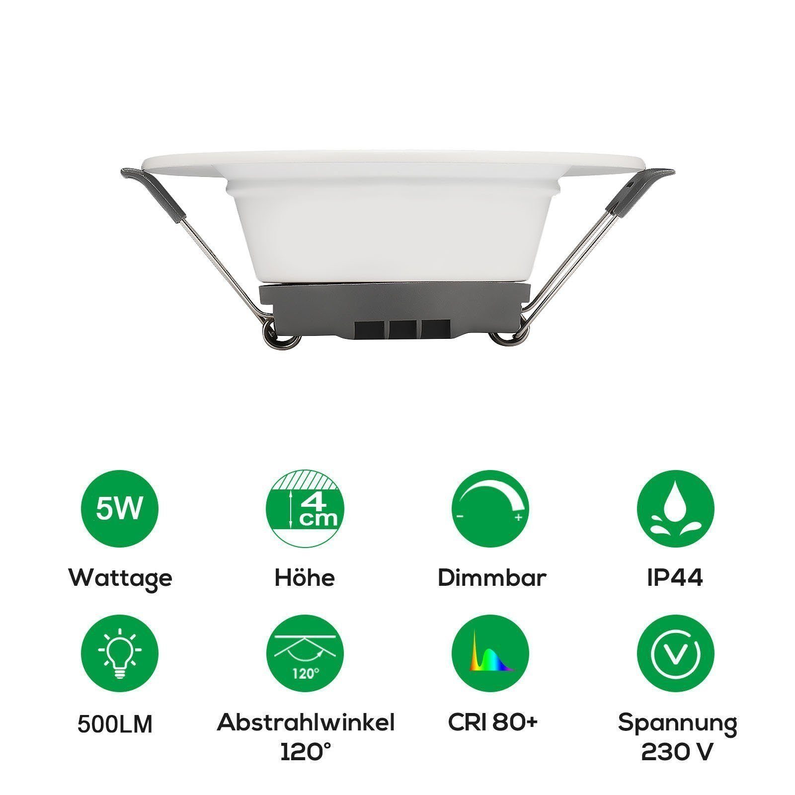 Flach Ultra Decken IP44, fest 230V, Spot LED Einbaustrahler integriert, 6x LED Einbauleuchten Deckenspots, iscooter Dimmbar 5W, LED Strahler