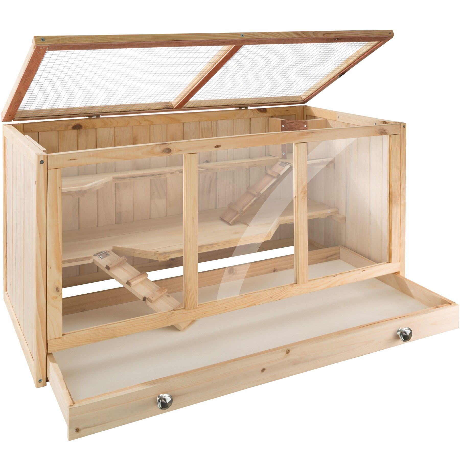 tectake Kleintierkäfig Nagerkäfig, 95 x 50 x 50 cm, aus Holz, aufklappbares Dachgitter, 3 Etagen & 2 Rampen, große Plexiglasscheiben, eingebautes Schubfach