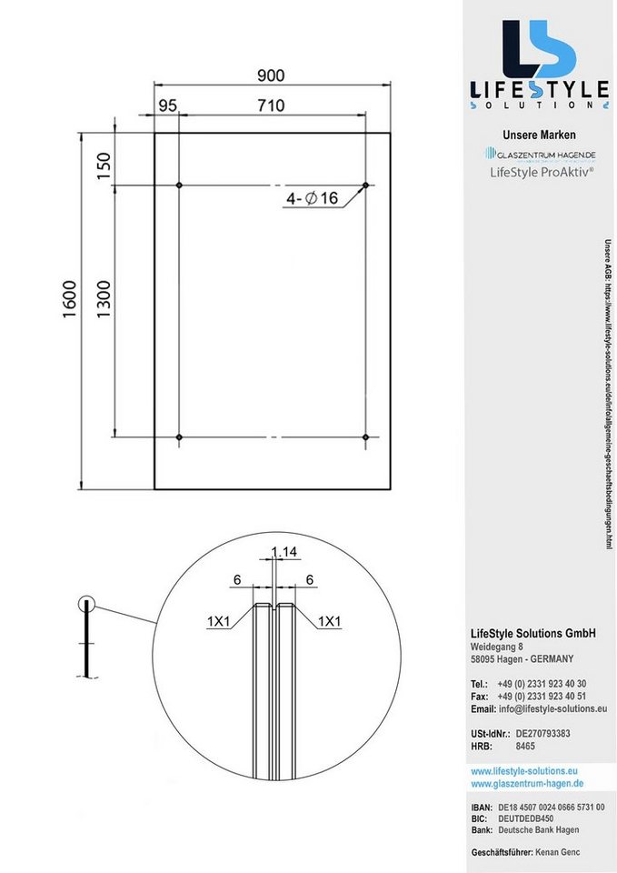 Thumbnail - Glaszentrum Hagen Vordach Glaszentrum Hagen - Typ/SBK 160x90 Glasvordach VSG inkl Halter Schwarz