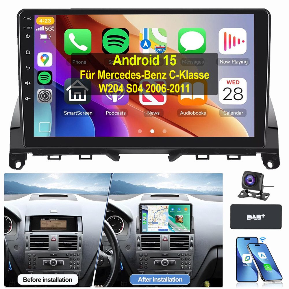 ESSGOO 9" Für Mercedes Benz C-Klasse W204 S204 WIFI GPS ASP Autoradio (RDS, Digitalradio (DAB), FM, AM, Apple Carplay Android Auto GPS Navi WIFI BT EQ)