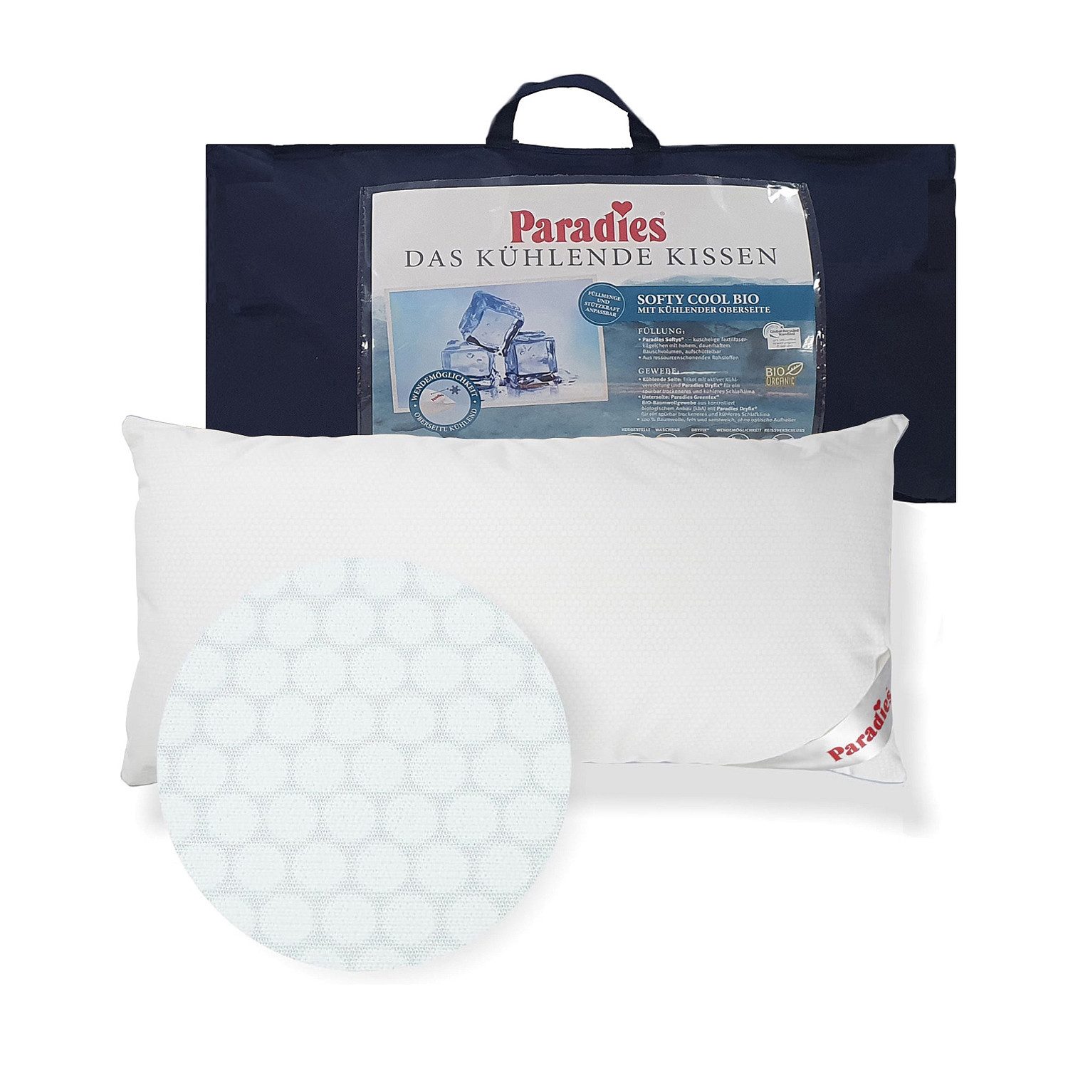 Paradies Kunstfaserkopfkissen Paradies kühlendes Kopfkissen Kissen Softy Cool Sleep Bio 40x80 cm, Füllung: Paradies Softys, Bezug: Bio Baumwolle mit Kühlveredelung, Bauchschläfer, Rückenschläfer, Seitenschläfer, Mit kühlender Oberseite