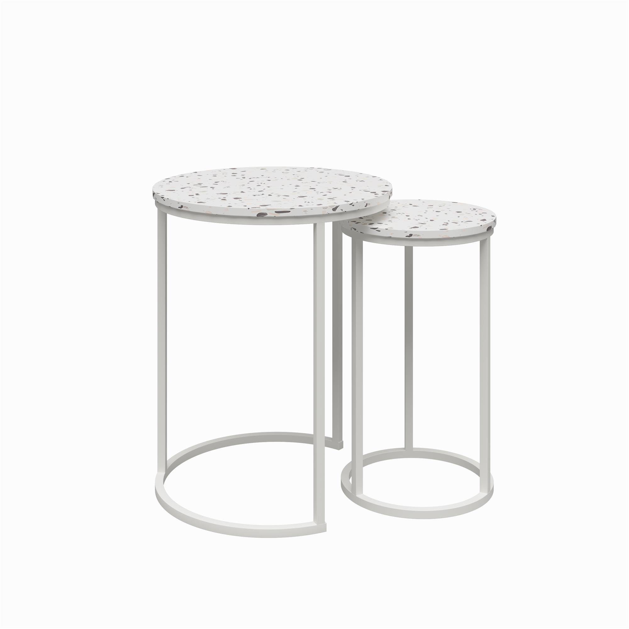 loft24 Satztisch Amelia (Set, 2-St., 2er-Set), Metallgestell, runde Tischplatte, Terrazzo-Optik, weiß