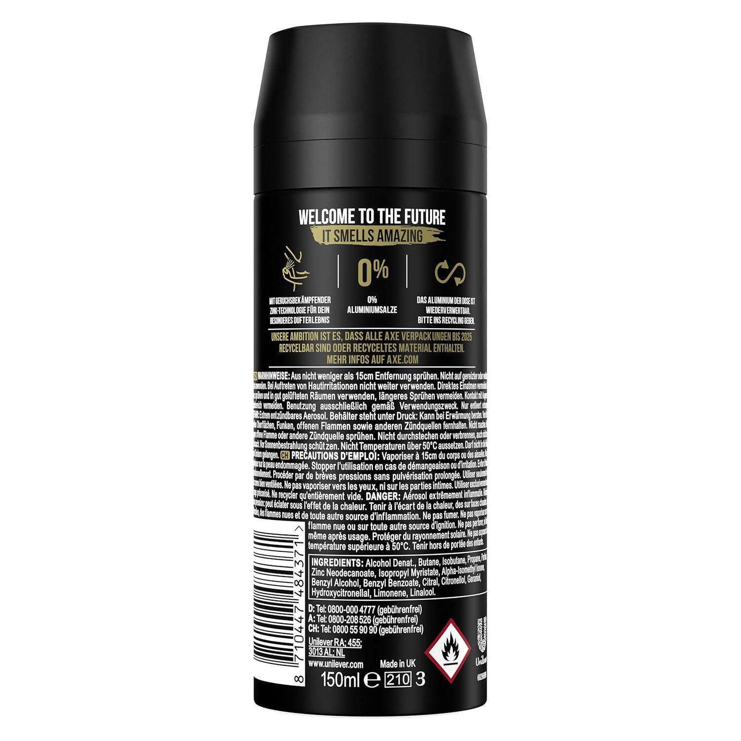 axe Deo-Spray 3x Axe Bodyspray Gold Deo ohne Aluminium 150 ml, 3-tlg., bekämpft geruchsbildende Bakterien und unangenehme Gerüche