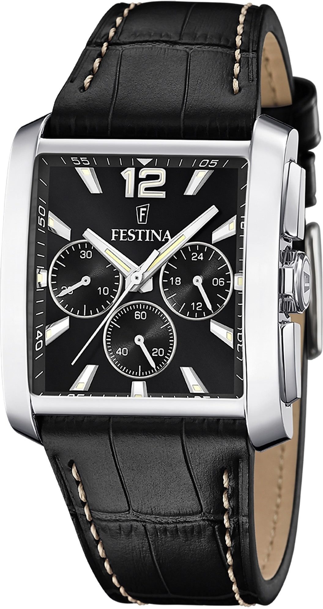 Festina Chronograph Festina Herrenuhr Leder schwarz Timeless, (Chronograph), Herren Armbanduhr eckig, Lederarmband schwarz, Elegant