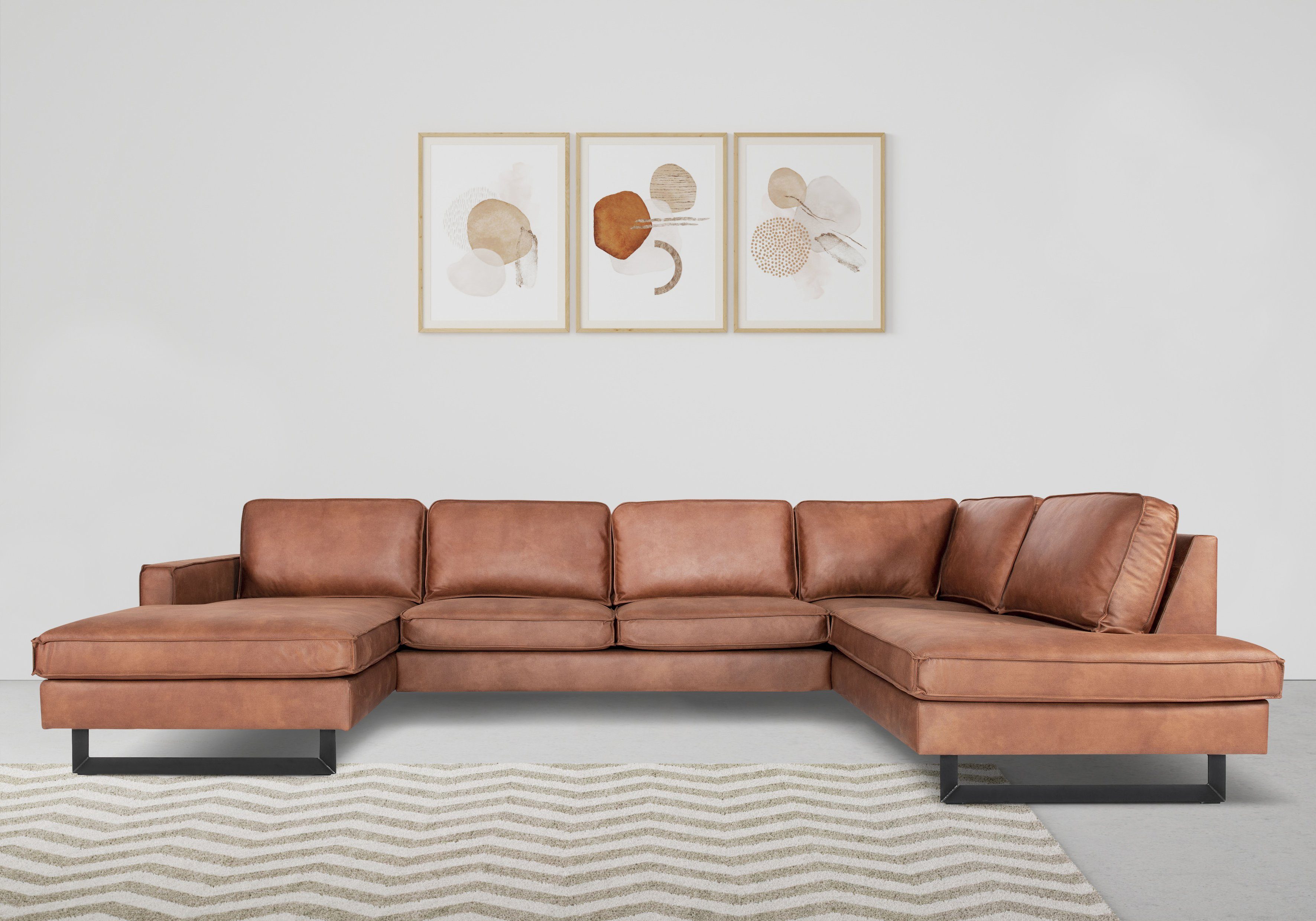 Places of Style Wohnlandschaft Pinto, 350 cm, U-Form, XXL, mit Ottomanen, Cord, Chenille, Lederoptik, mit Keder, Metallfüße, Wellenunterfederung