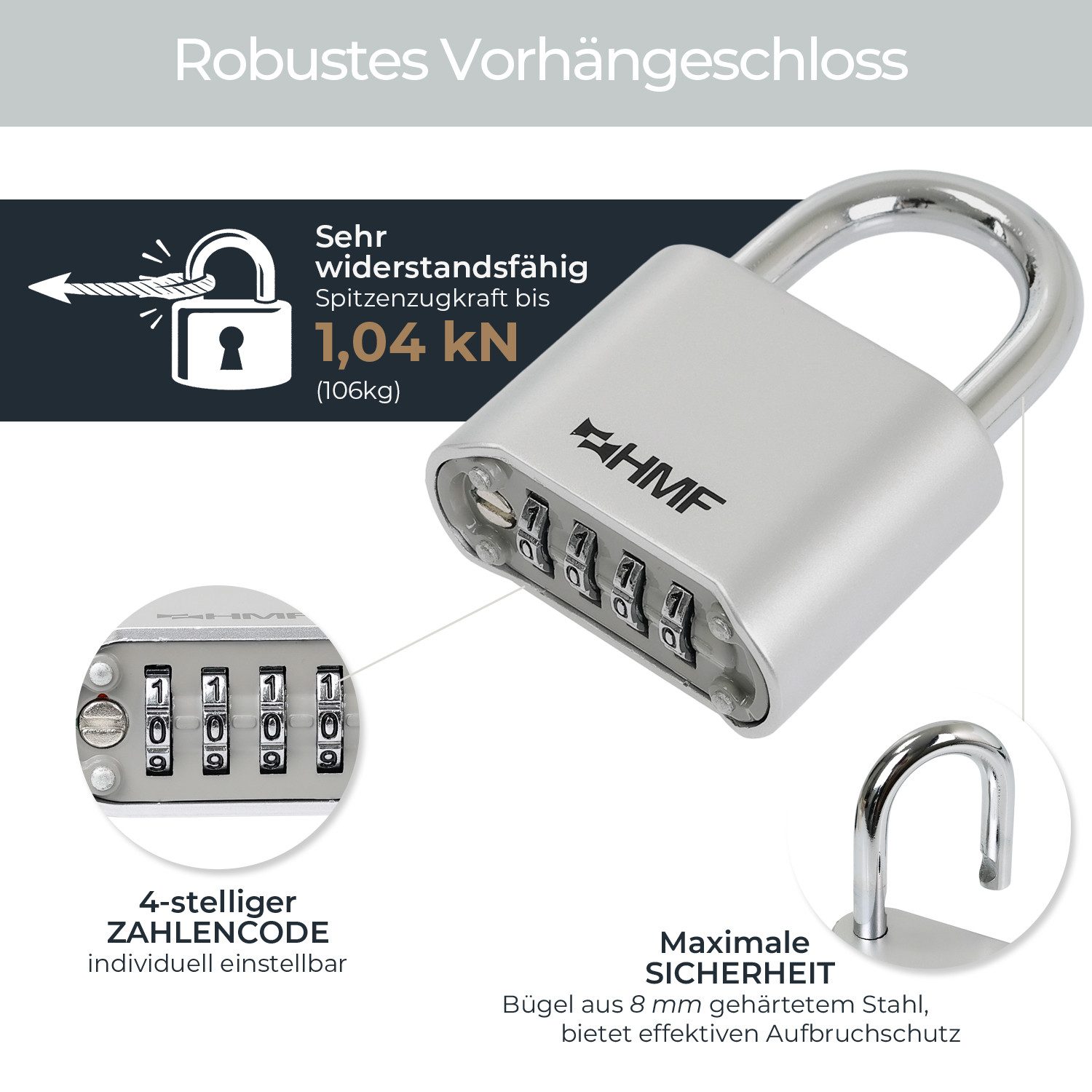 HMF Vorhängeschloss Zahlenschloss Vorhängeschloss, Schloss mit 4-stelligem Zahlencode, aus Zinklegierung, 5,3 x 2,4 x 7,8 cm, Silber