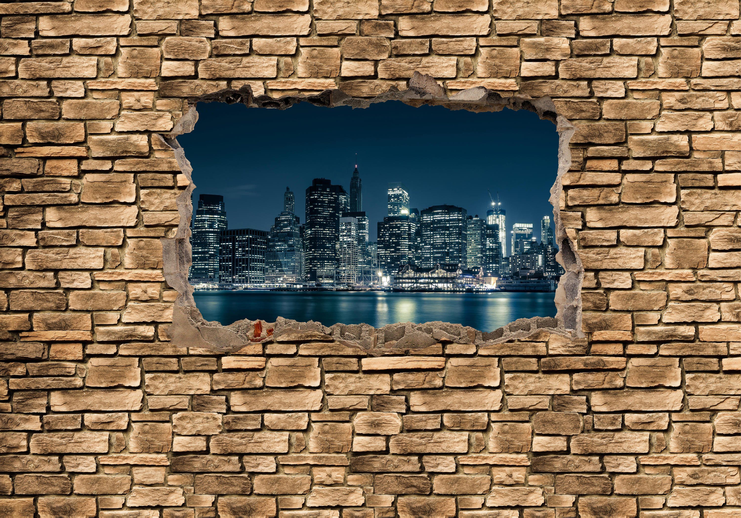 wandmotiv24 Fototapete 3D New York City by Nacht - Steinmauer, glatt, Wandtapete, Motivtapete, matt, Vliestapete