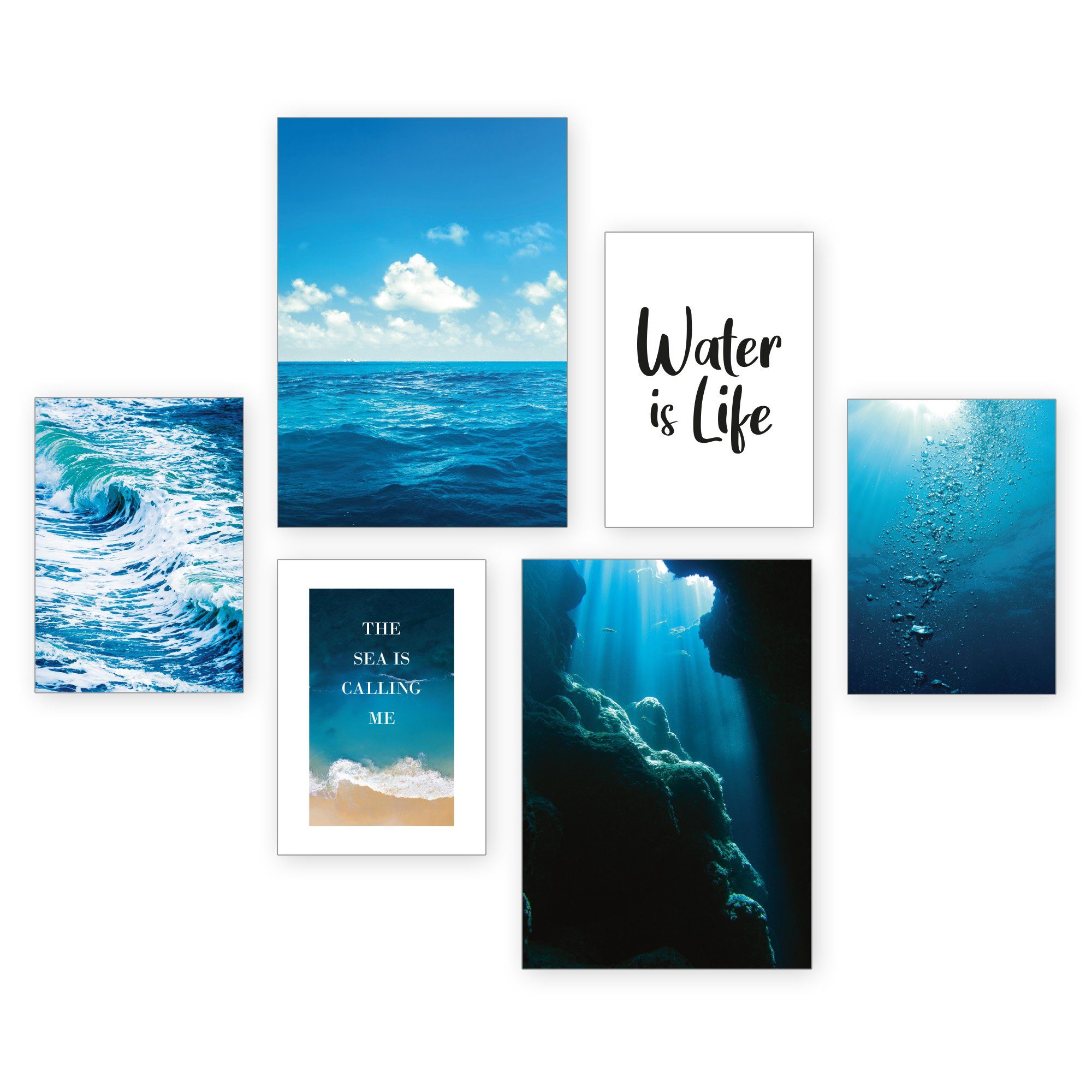 Kreative Feder Poster 6-teiliges Premium-Set „Meer“ - optional mit Rahmen, Meer, Ozean, Wasser, Blau, Welle, Spruch (Set, 6 St), hochwertiger Kunstdruck; 2x DIN A3 & 4x DIN A4