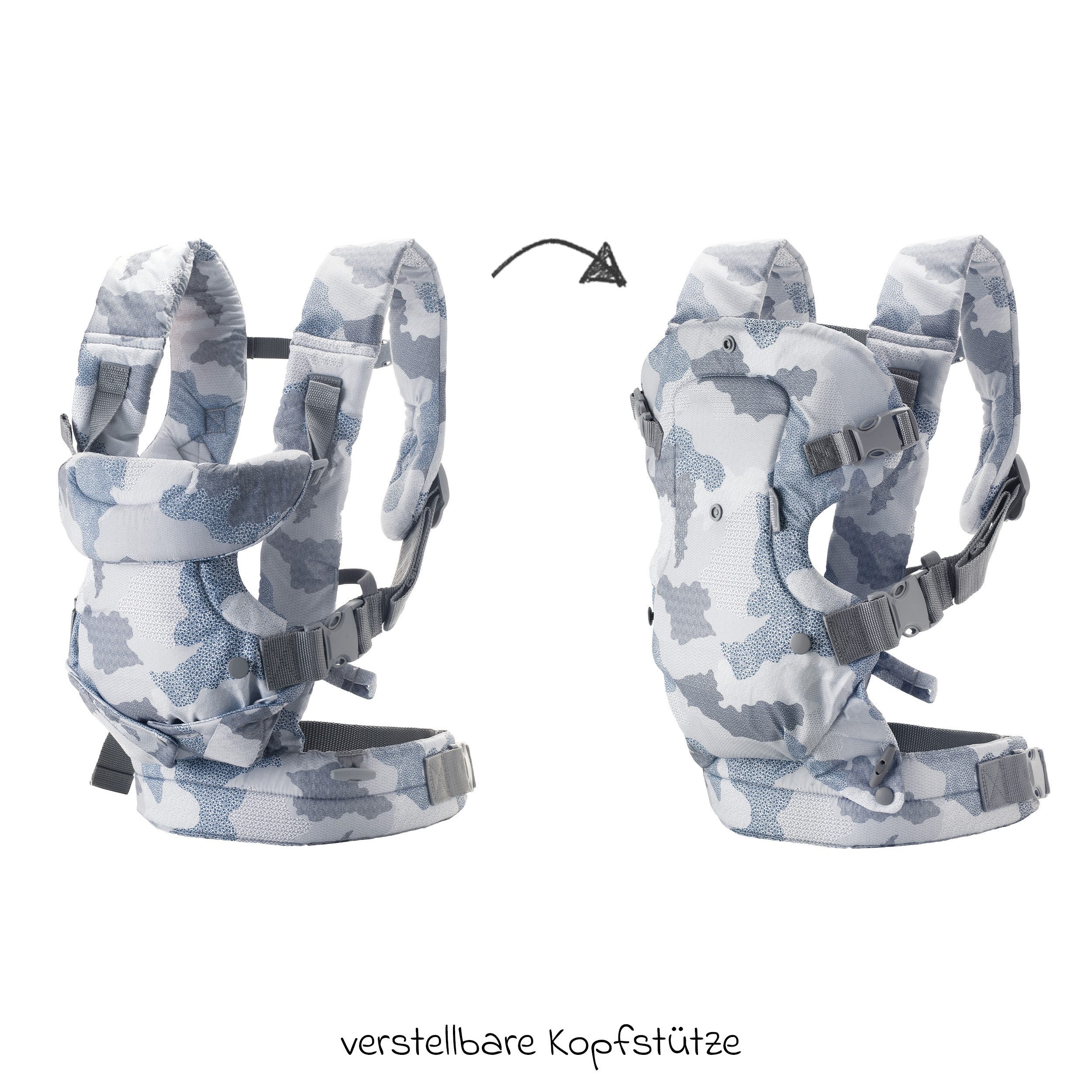 Infantino BKids Babytrage Flip Advanced - Blue Camo, Baby Bauchtrage Rückentrage ab Geburt von 3,6 - 14,5 kg 4 Positionen