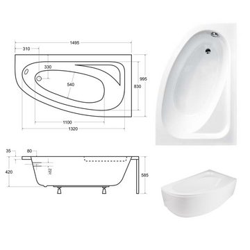 KOLMAN Badewanne Eckbadewanne Cornea 150x100, (Links/Rechts), Acrylschürze Styroporverkleidung, Ablauf VIEGA & Füße GRATIS