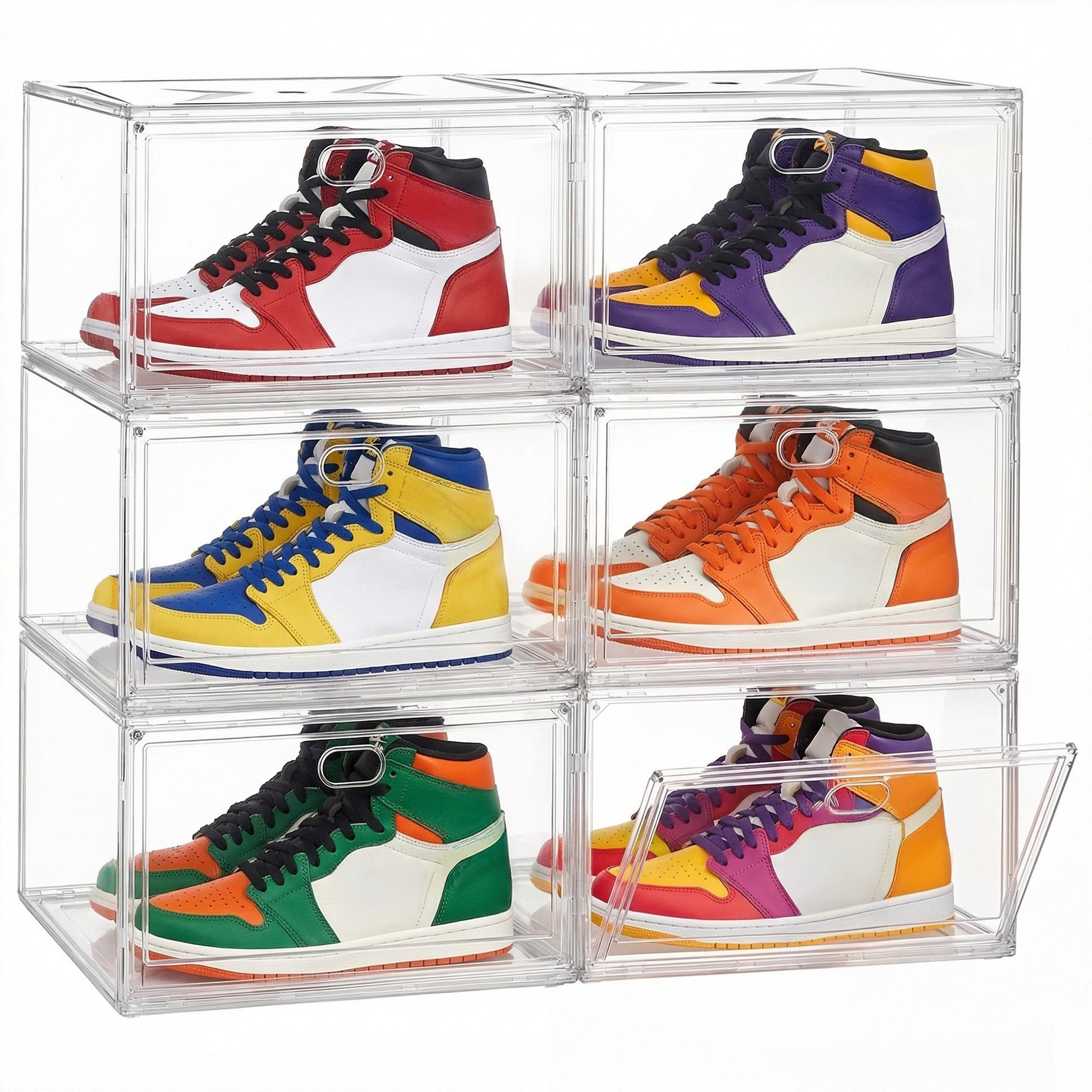 SONGMICS Schuhbox Schuhboxen stapelbar transparent, Schuh-Organizer, Schuhaufbewahrung, für Schuhe bis Größe 47, mit Magnettür, aus Kunststoff, 6er Set
