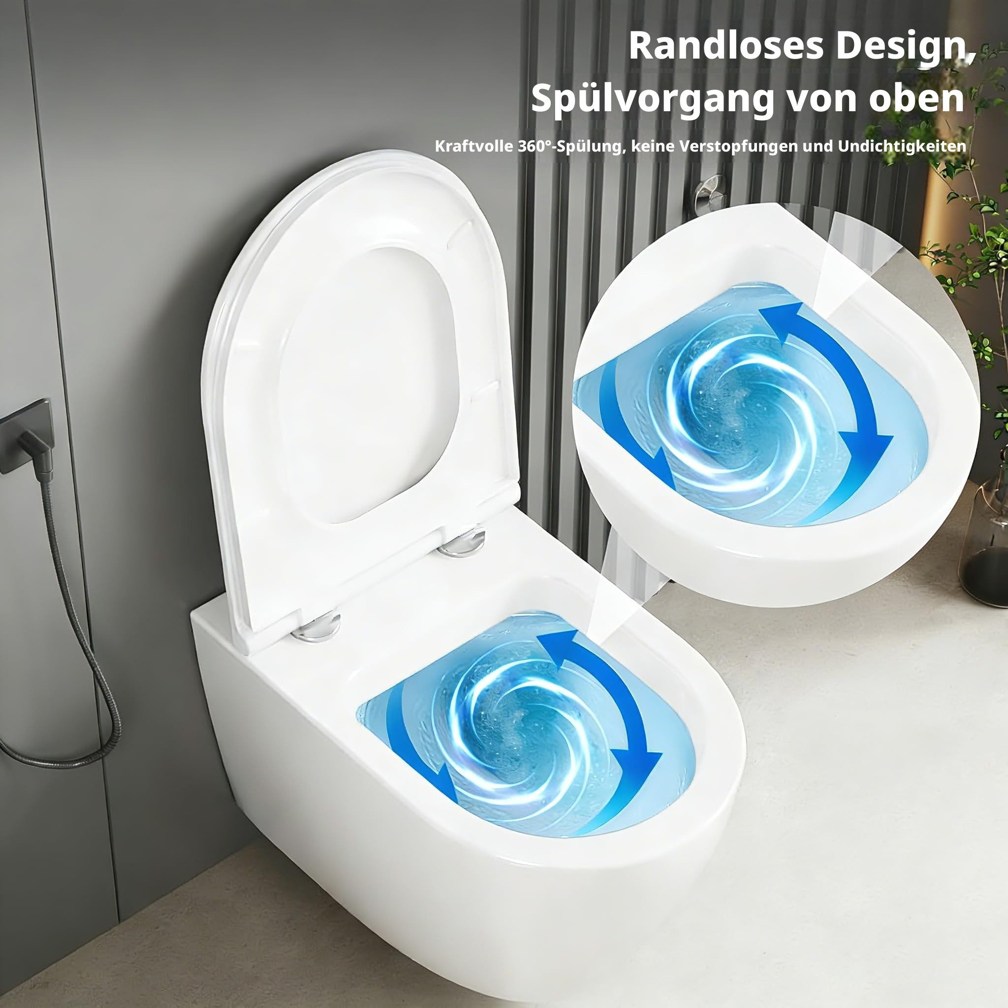 GarveeMore Tiefspül-WC mit 360° Rimless-Spülung, Soft-Close-Funktion, Schnelllösesystem, wandhängend, Abgang Wirbelspülung, aus Keramik, UF-Sitz (großes D-Desig – Bild 4 von 5