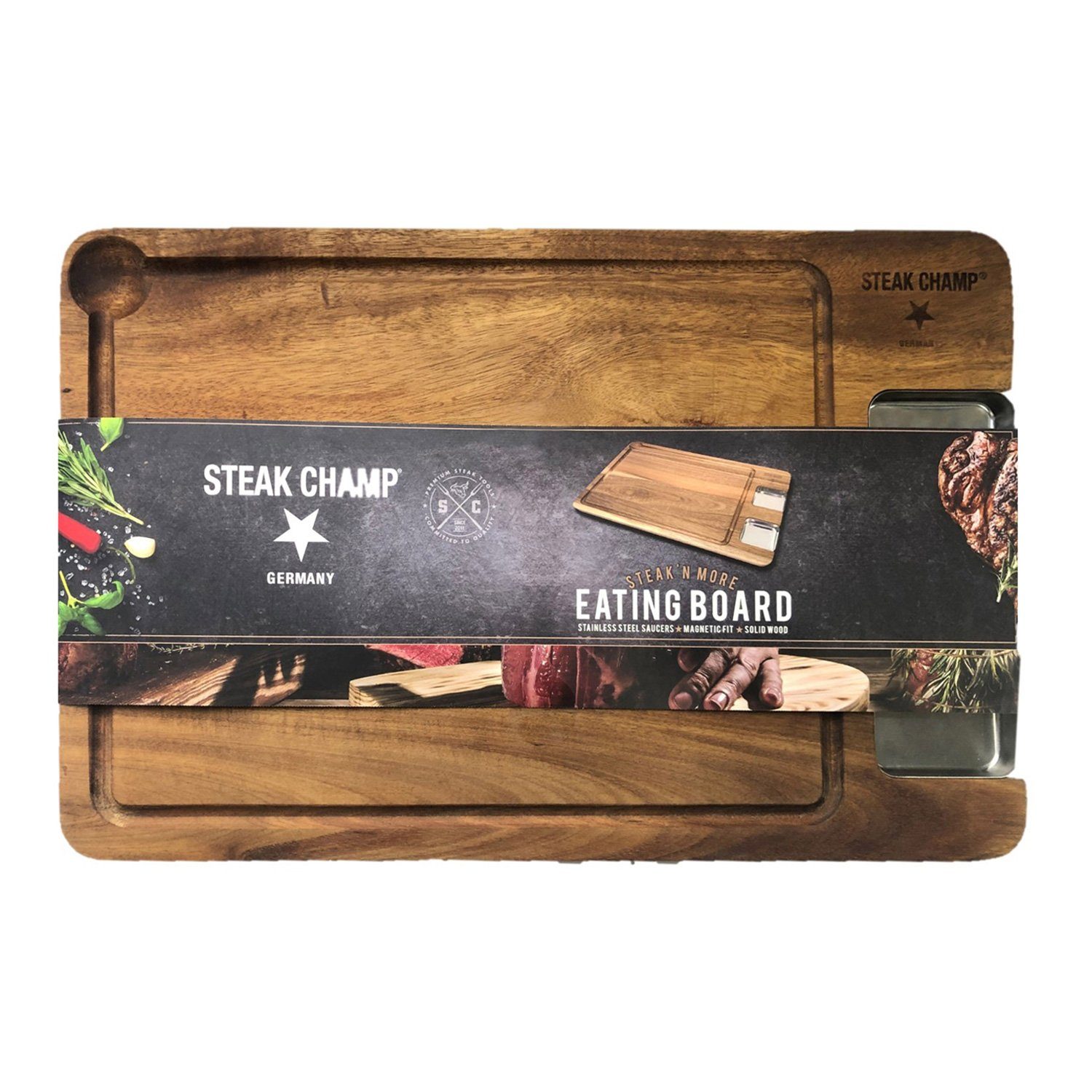 STEAK CHAMP Servierbrett STEAK CHAMP - Steakbrett mit 2 Dipschalen - Akazienholz 42x27x1,6cm, Holz | Servierbretter