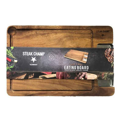 STEAK CHAMP Servierbrett »STEAK CHAMP - Steakbrett mit 2 Dipschalen - Akazienholz 42x27x1,6cm«, Holz
