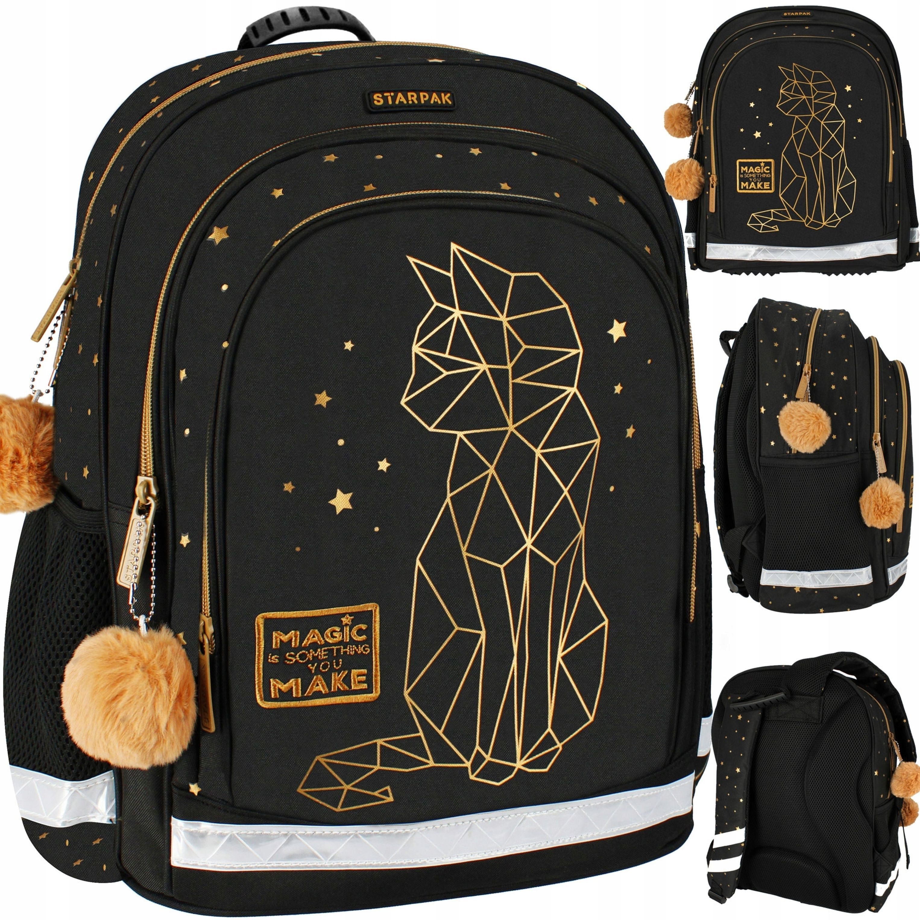 Starpak Schulrucksack Schulrucksack für Mädchen, schwarz-gold, ergonomisch, wasserfest.