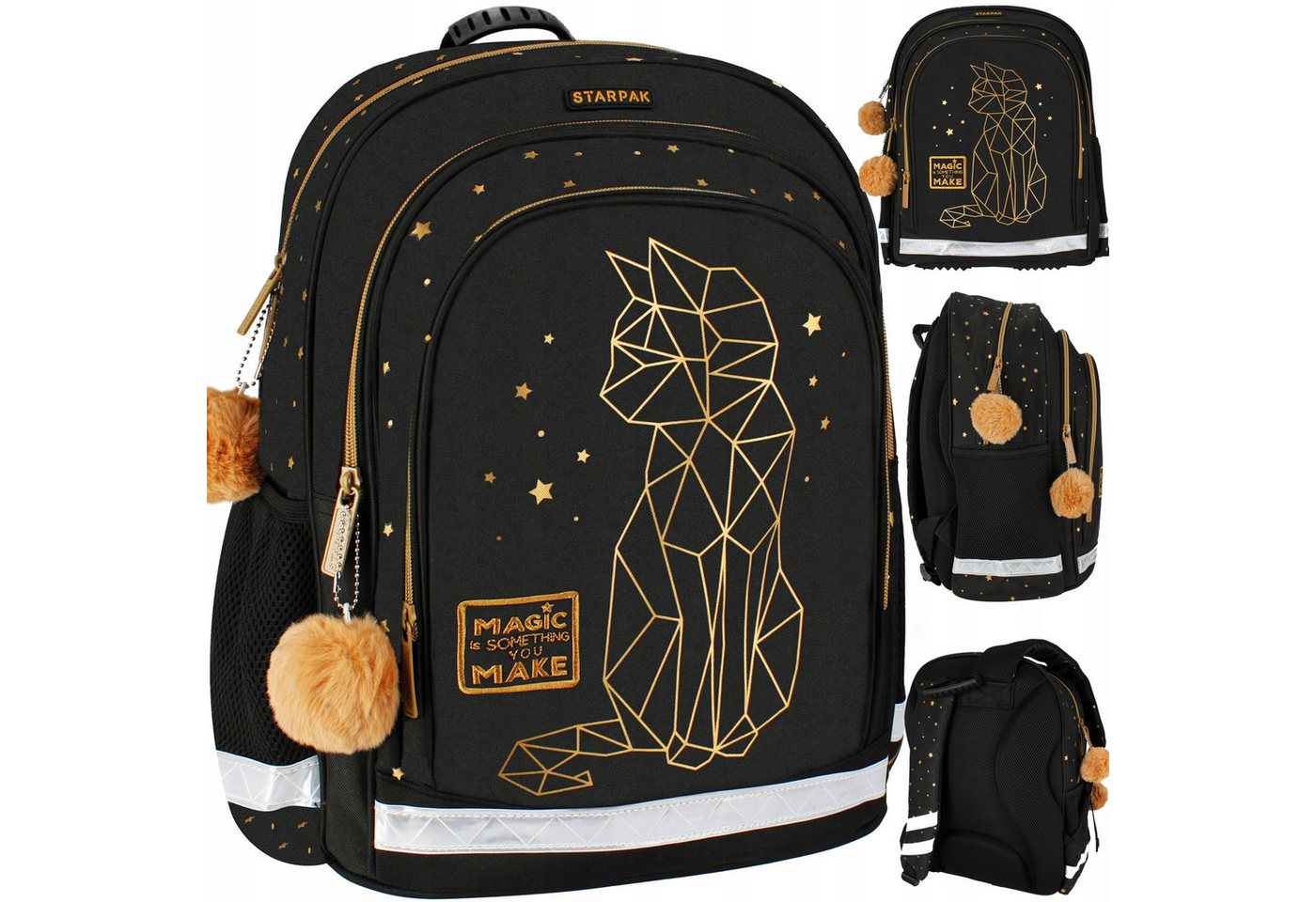 Starpak Schulrucksack Schulrucksack für Mädchen, schwarz-gold, ergonomisch, wasserfest.