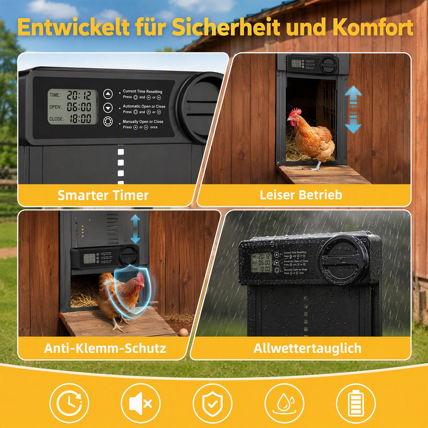 AKKEE Hühnerstall Automatische Hühnerklappe Aluminiumlegierung Wasserdicht Timer, Einklemmschutz Großes LCD-Display mit Zeit/Handmodus – Bild 5 von 5