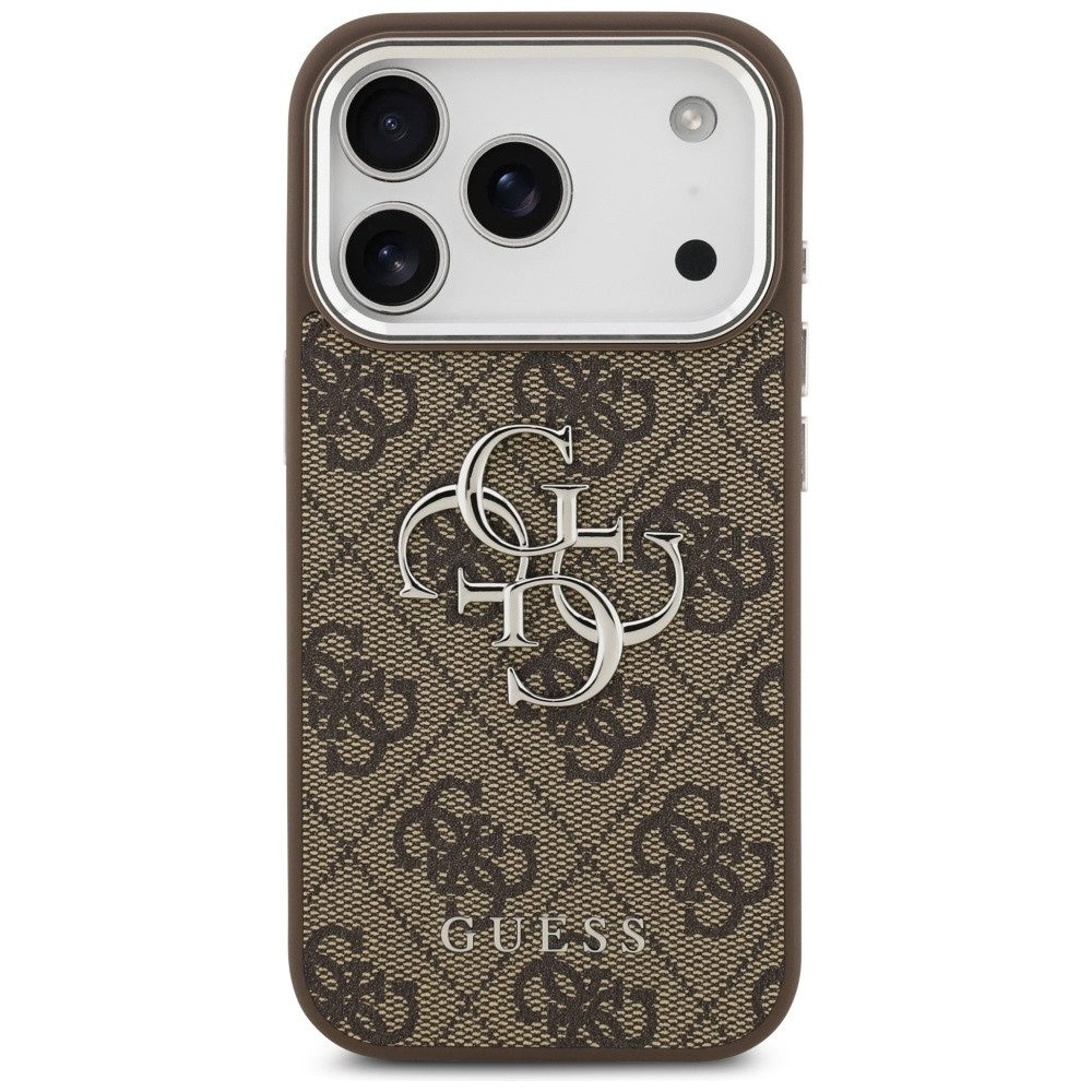 Guess Handyhülle iPhone 17 Pro Kunstleder braun Big Logo Metall silber 6,3 Zoll, Kantenschutz