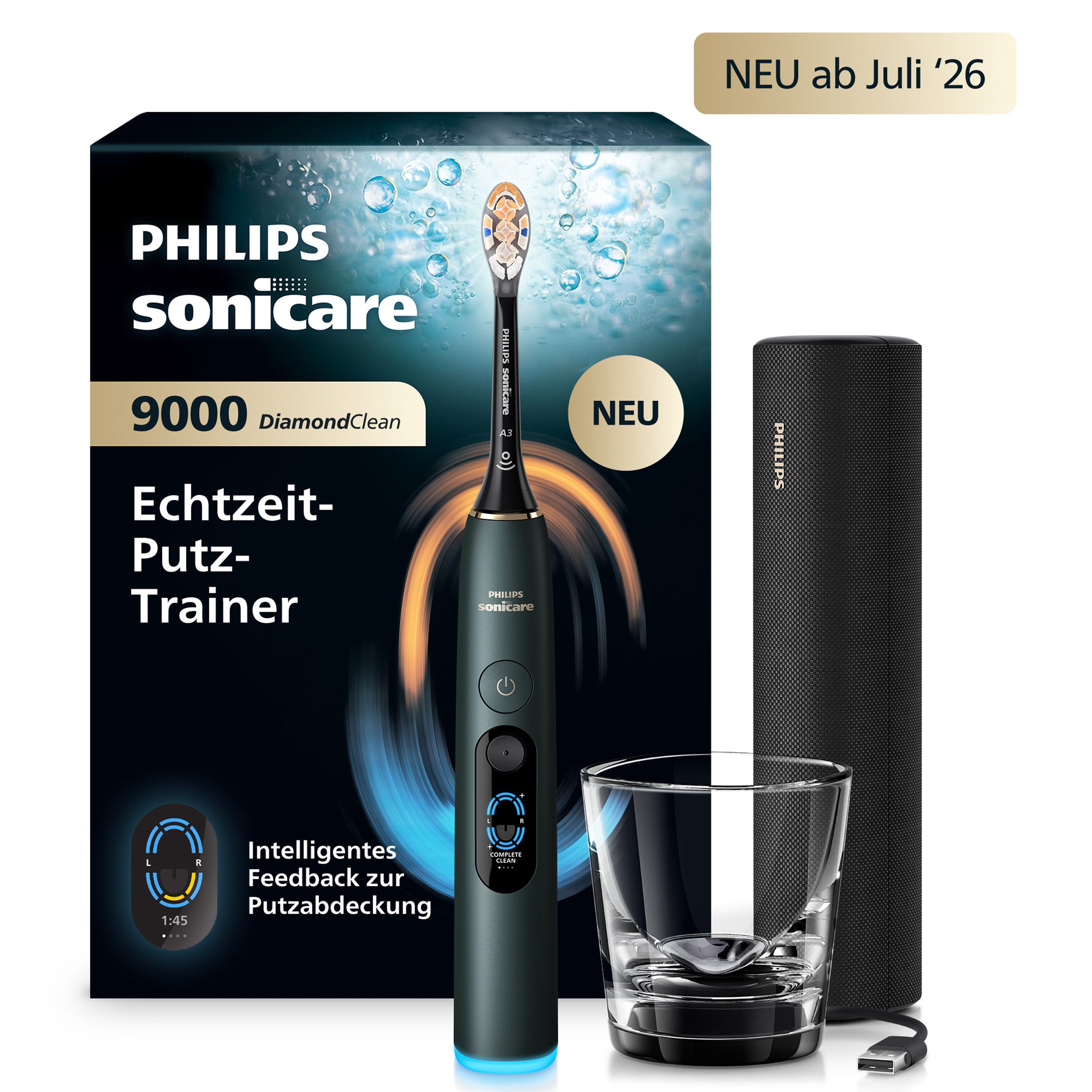 Philips Sonicare Elektrische Zahnbürste DiamondClean 9000 HX9213, Aufsteckbürsten: 1 St., mit Smart-Sensoren und 7 Putzprogrammen, inkl. Reiseladeetui