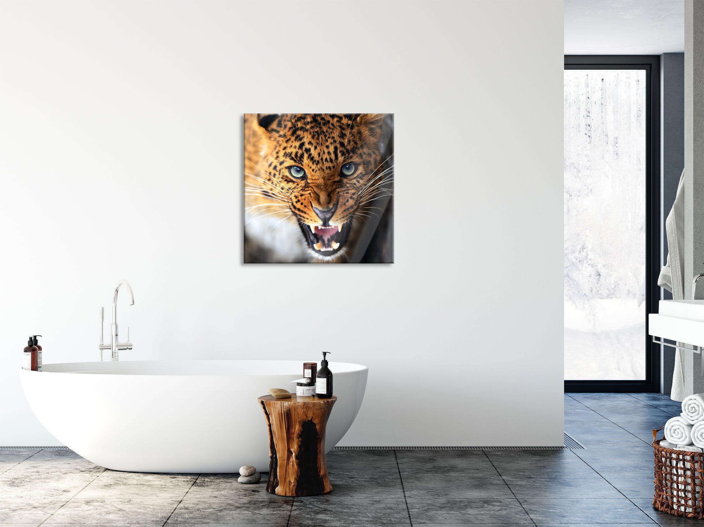 (1 St), und Fauchender Echtglas, Pixxprint Leopard, Abstandshalter Glasbild inkl. Fauchender Aufhängungen Leopard aus Glasbild