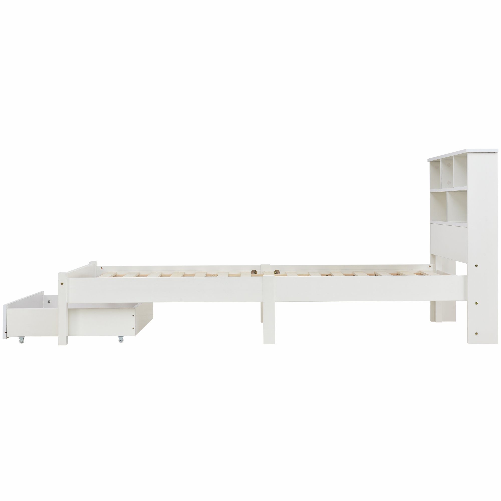 Massivholzbett (Einzelbett mit Schublade und Lattenrost), Holzbett mit Bücherregal, Kinderbett Jugendbett 90x200 cm