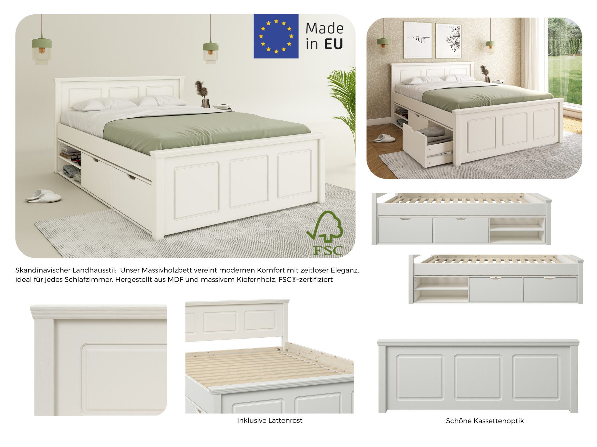 OTTO home Stauraumbett SVEA – Landhausstil, Massivholz-Kiefer & Lattenrost inklusive (Liegefläche 180x200cm+ 140x200cm), 2 Schubladen + offene Fächer, FSC® zert – Bild 4 von 5