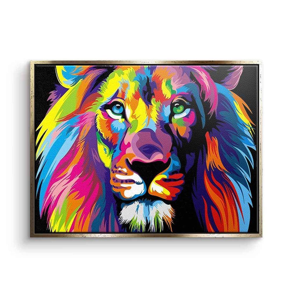 und mit Rahmen gemalt Neon premium Tiere DOTCOMCANVAS® Natur Lion weißer Art Pop Löwe Leinwandbild, Leinwandbild
