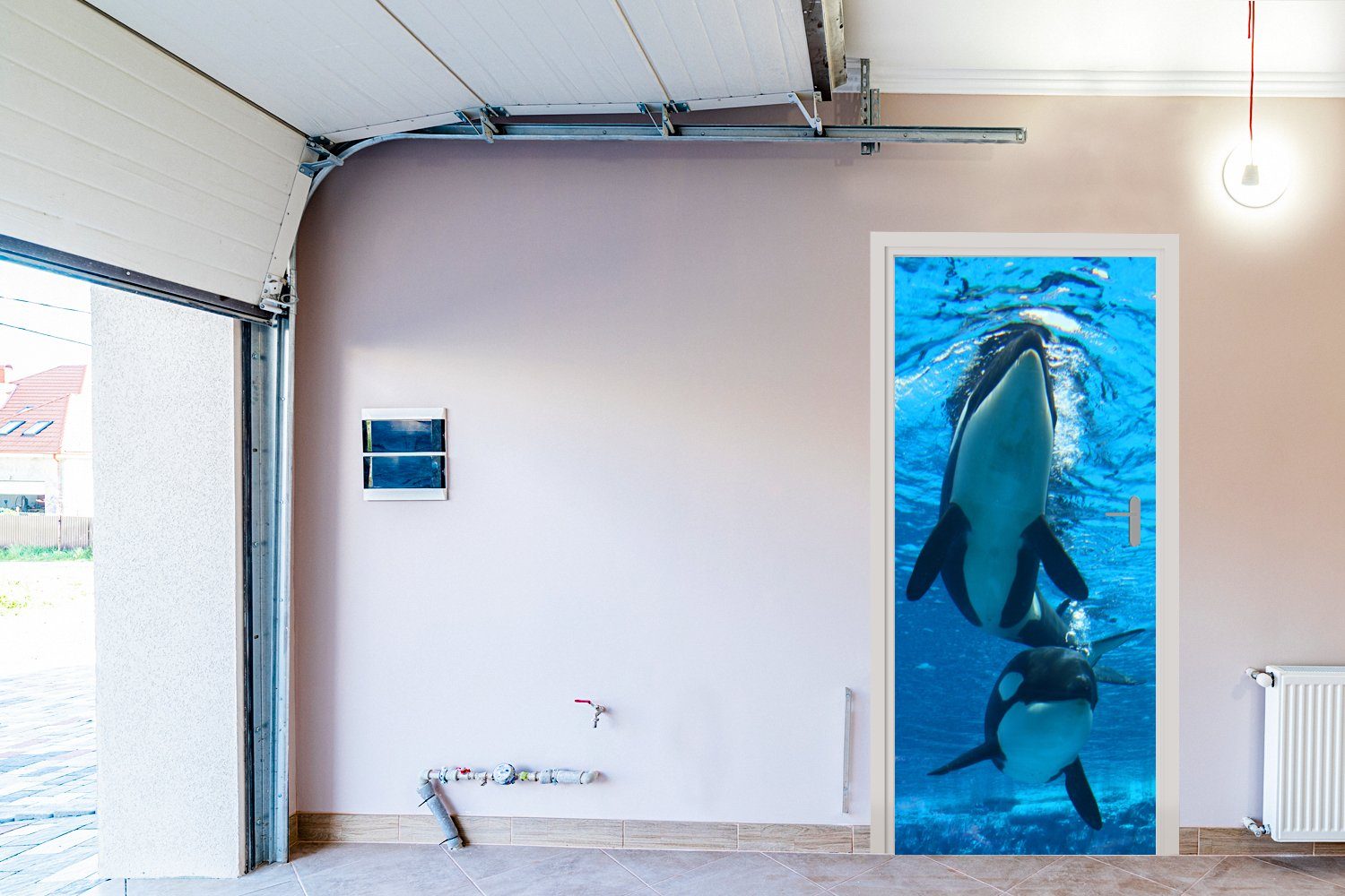 Fototapete Wasser, (1 75x205 Türtapete Türaufkleber, für MuchoWow cm Tür, unter St), bedruckt, Matt, Zwei Orcas