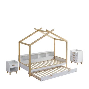 IDEASY Hausbett Kinderbett, ausgestattet mit Nachttischen, Kommode, weiß + holzfarben, ausziehbares Ausziehbett, Dachdesign