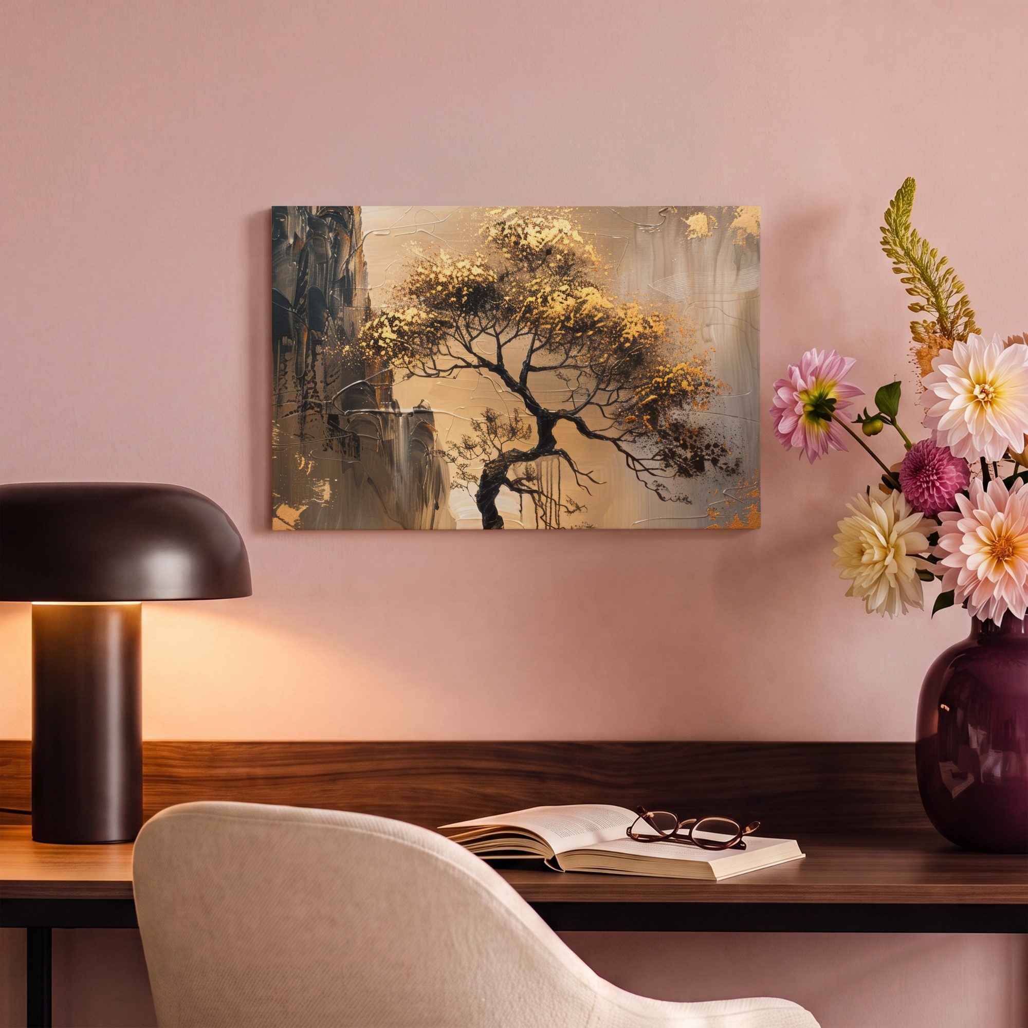 OneMillionCanvasses® Leinwandbild Baum - Gold - Landschaft - Farbe, Fotodruck (1 St), Leinwand Bilder Klein, Wand Dekoration Aesthetic 30x20 cm – Bild 4 von 5
