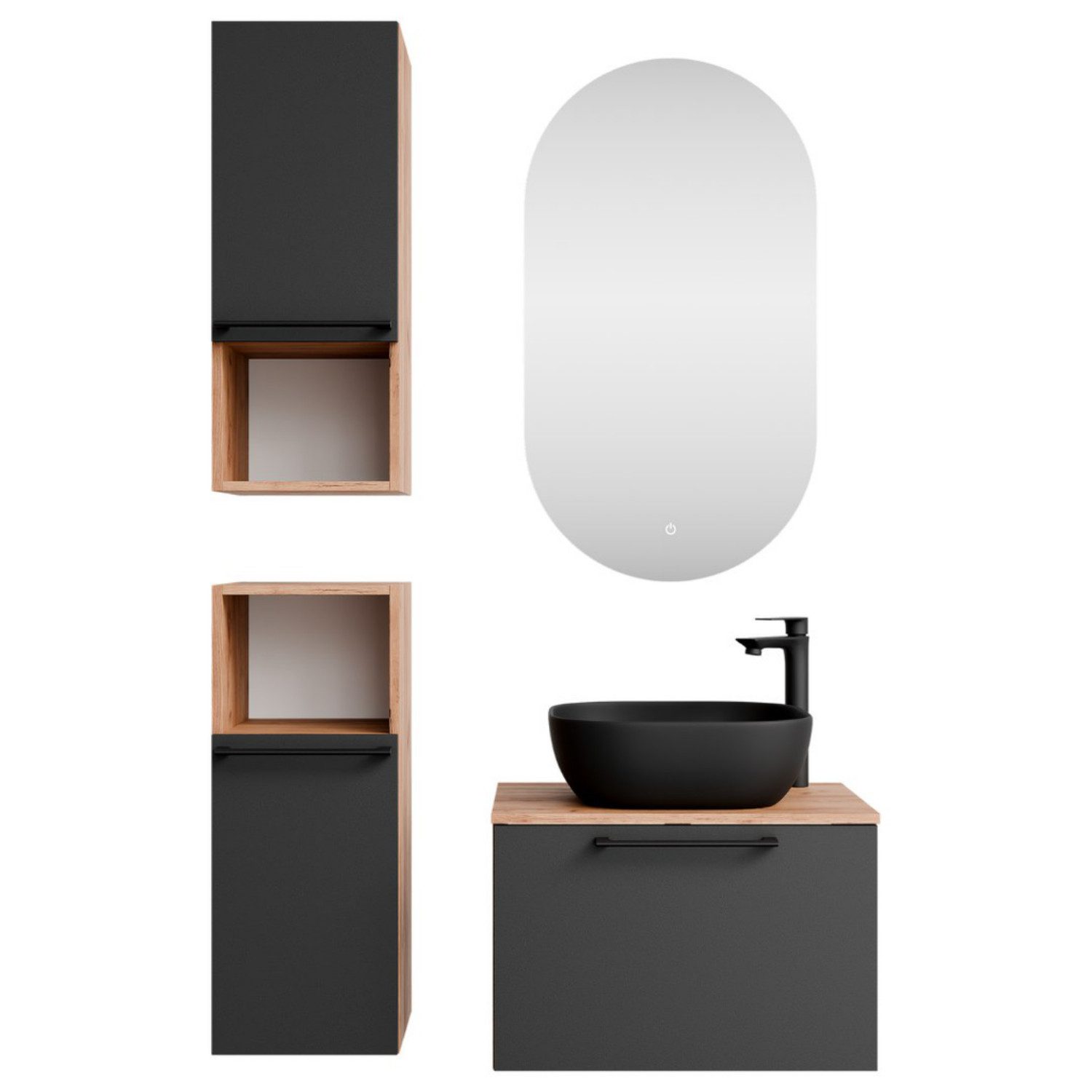 Planetmöbel Badmöbel-Set Astra, (Badezimmerschrank, 5-St., Waschbeckenunterschrank), Waschtisch und Waschbecken schwarz mit Spiegel und 2x Midischrank