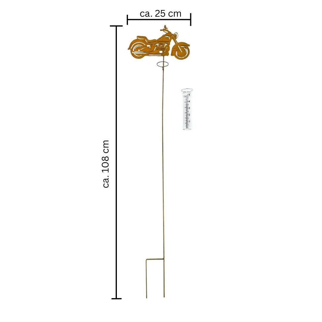 Dragimex Gartenstecker Gartenstecker Motorrad / Chopper mit Regenmesser – 108cm – Rostbraun