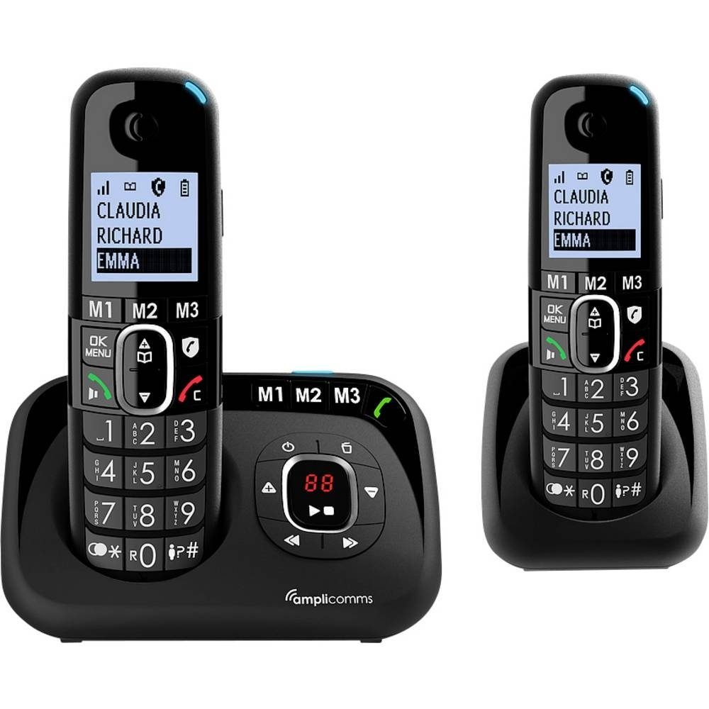 Amplicomms DECT-Mobilteil + zusätzliches Mobilteil, für Seniorentelefon  (Freisprechen, für Hörgeräte kompatibel, Wahlwiederholung), DECT-Komfort- Telefon mit Anrufbeantworter + zusätzliches Mobilteil