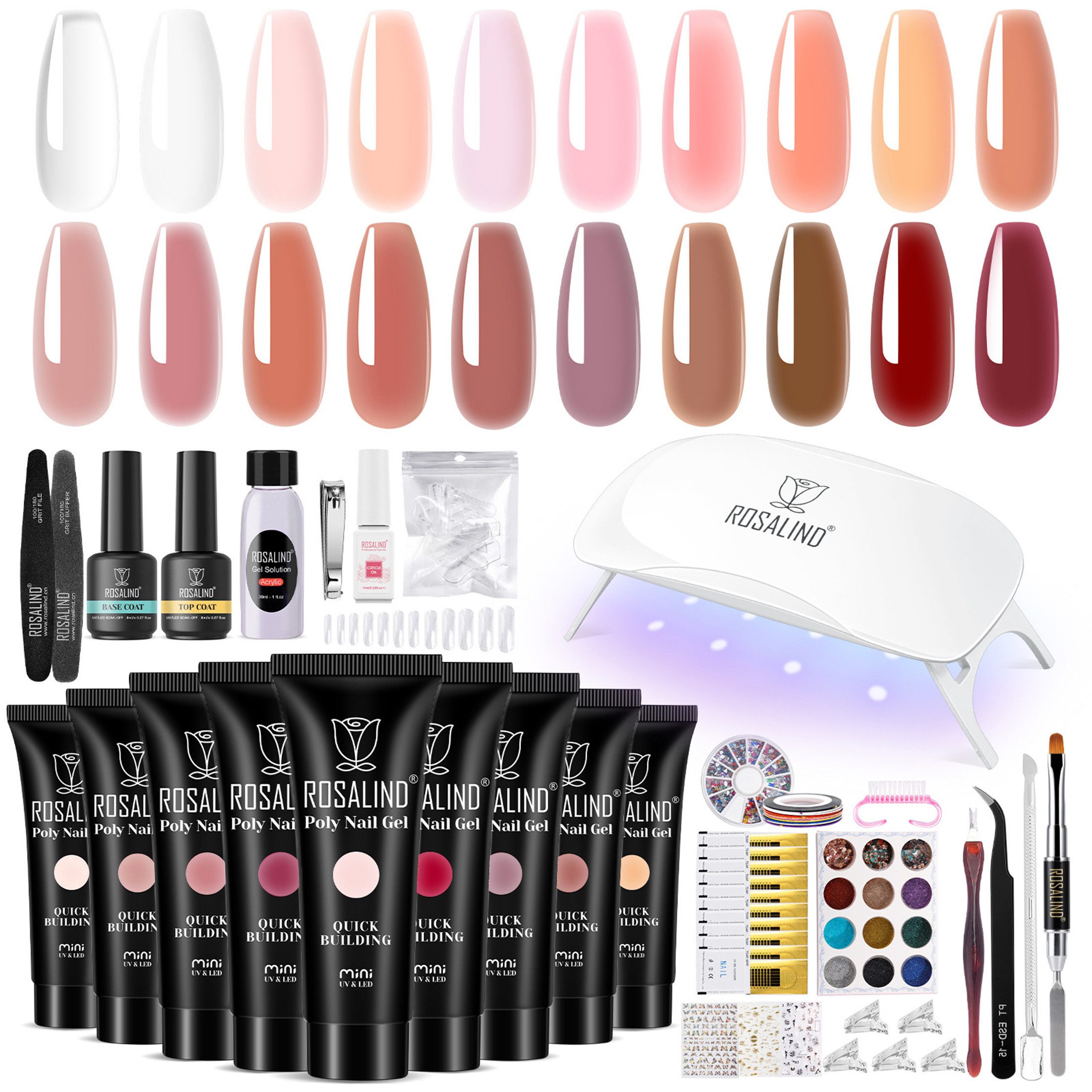 KINSI Lichthärtungsgerät Professionelles Nagelverlängerung Set mit UV/LED Lampe, Alles für Nail Art & DIY Gel Nägel,Inkl. Builder Gel & Pinsel