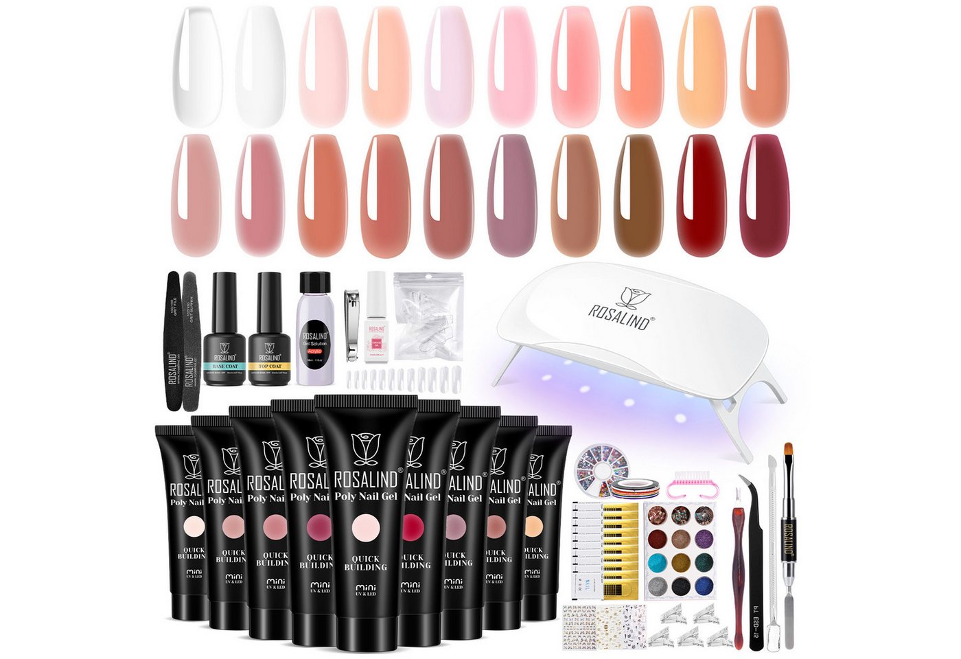 KINSI Lichthärtungsgerät Professionelles Nagelverlängerung Set mit UV/LED Lampe, Alles für Nail Art & DIY Gel Nägel,Inkl. Builder Gel & Pinsel
