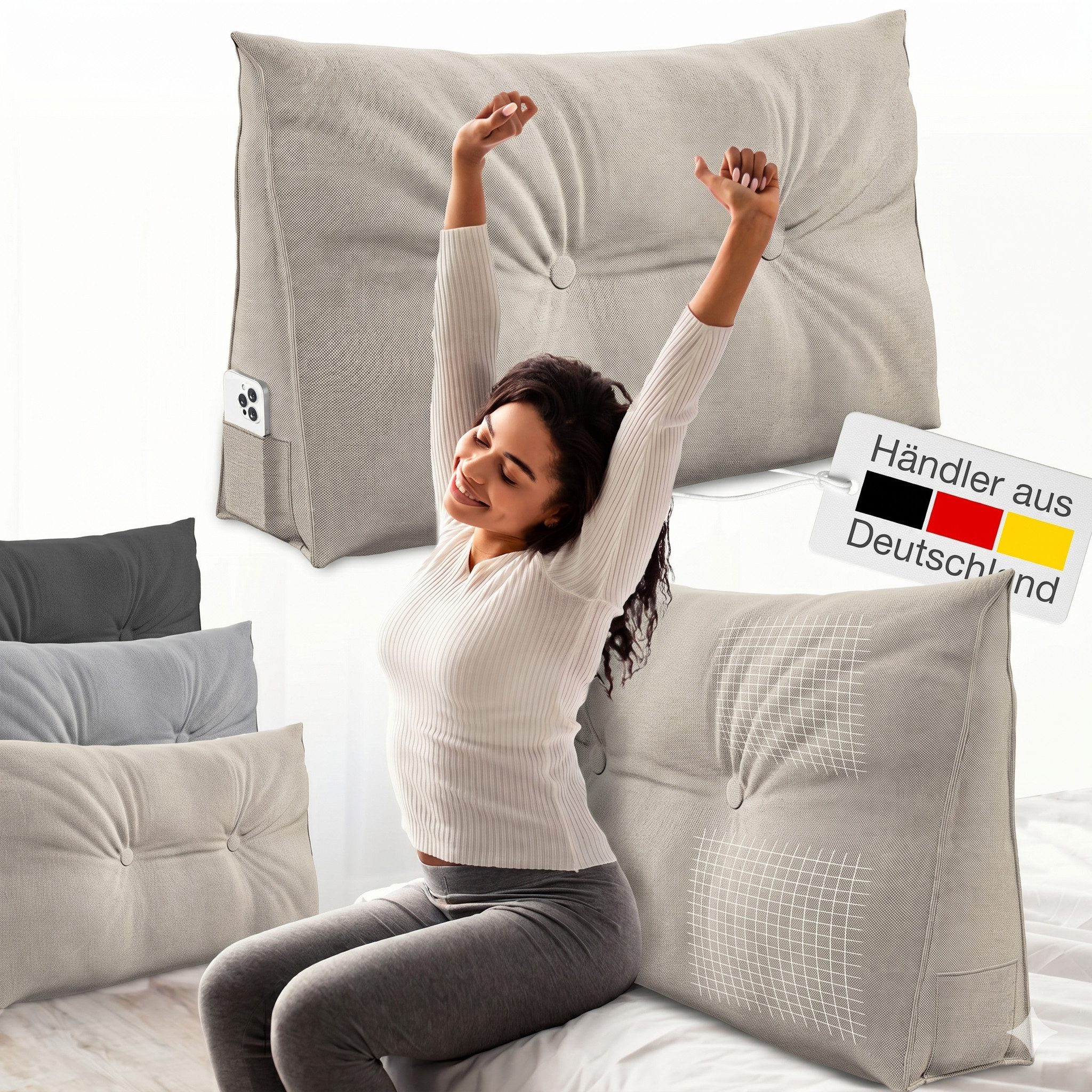 ELONEO Rückenkissen Keilkissen für Bett und Sofa, Lesekissen mit praktischem Seitenfach, 1-tlg., mit praktischem Seitenfach, Lesekissen, mit waschbarem Bezug